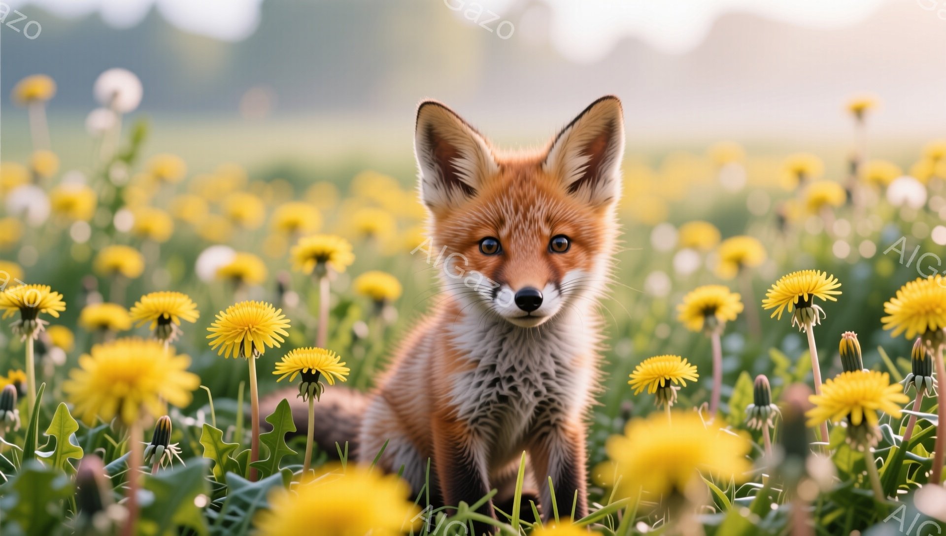 キツネの幼いが野原に座って、周囲のタンポポを見つめている。明るい日差しが差し込み、緑の草と鮮やかな黄色の花が春の暖かさを感じさせる。毛並みは柔らかく、可愛らしい表情は見る人を魅了する。 - AI生成フリー素材
