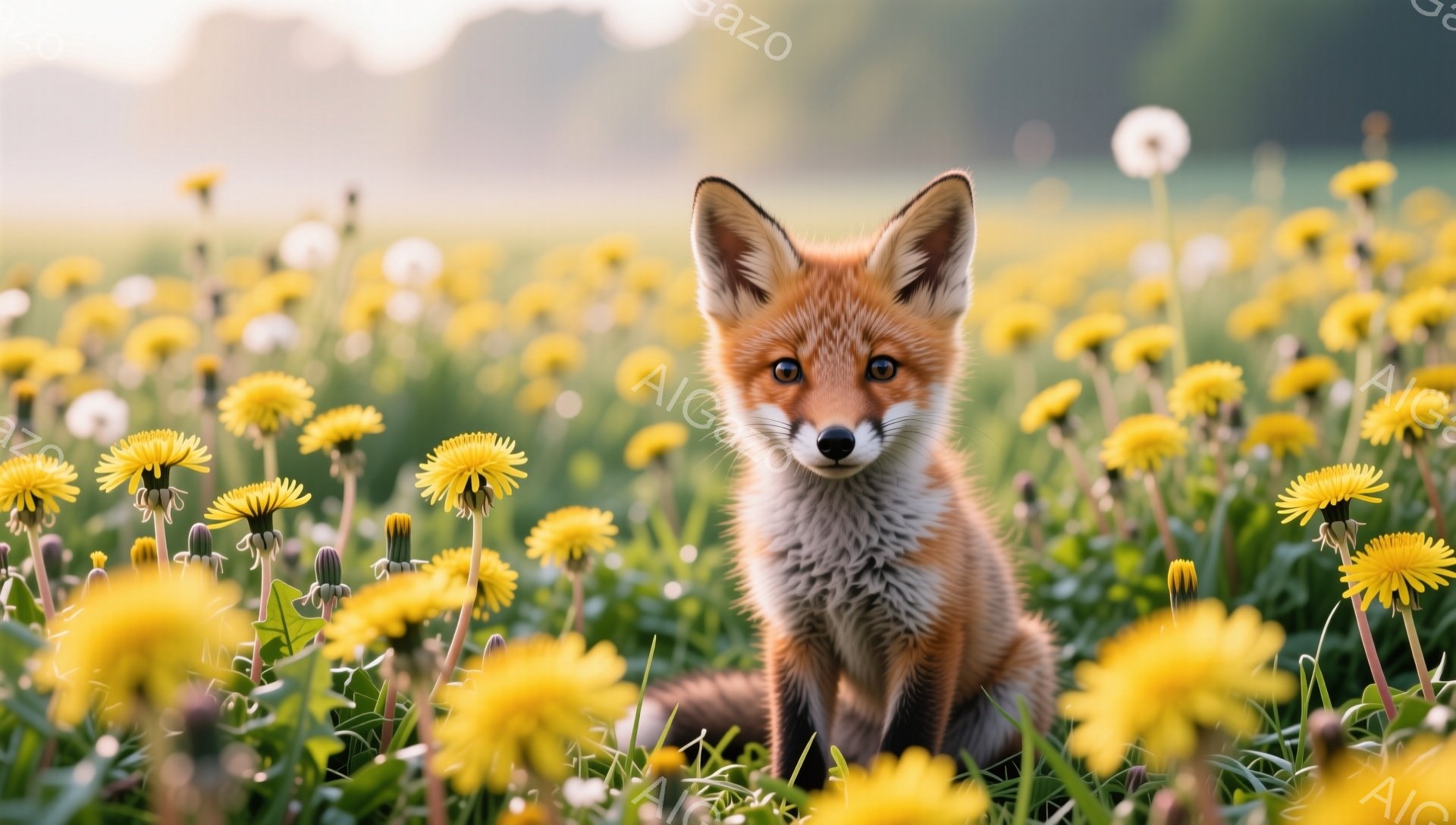 キツネがタンポポがいっぱいの草原に座っている。毛並みが美しく、正面を見つめる表情は少し好奇心旺盛で愛らしい。背景は柔らかい光に包まれ、穏やかで暖かい雰囲気が感じられる。 - AI生成フリー素材