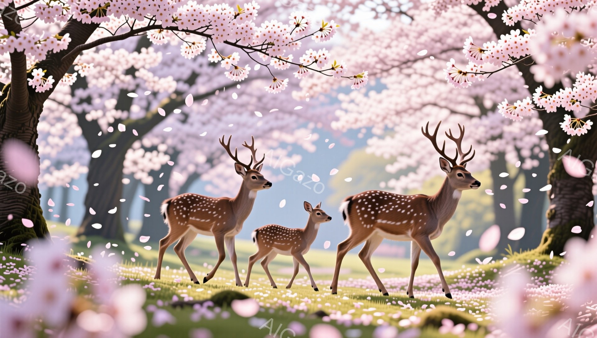 桜の木の下で、親鹿と子鹿が穏やかに佇んでいます。ピンク色の花びらが舞い散り、春の暖かさと優しさを感じさせる光景です。背景には緑豊かな風景が広がり、自然の美しさが際立っています。 - AI生成フリー素材