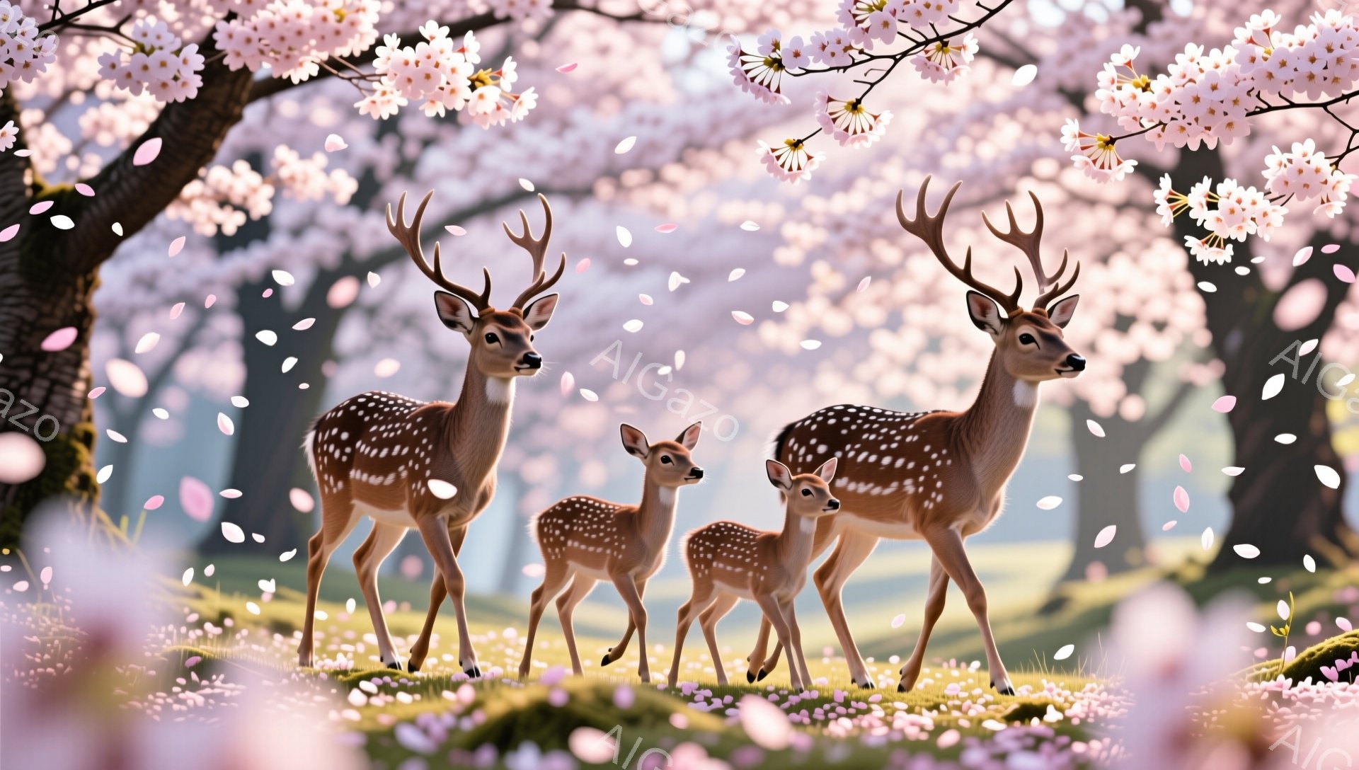 桜の木の下で、一頭の雄鹿と二頭の子鹿が立っています。ピンク色の桜の花びらが舞い散り、春の穏やかな雰囲気を醸し出しています。背景は柔らかい光に包まれ、幻想的な光景を作り出しています。 - AI生成フリー素材