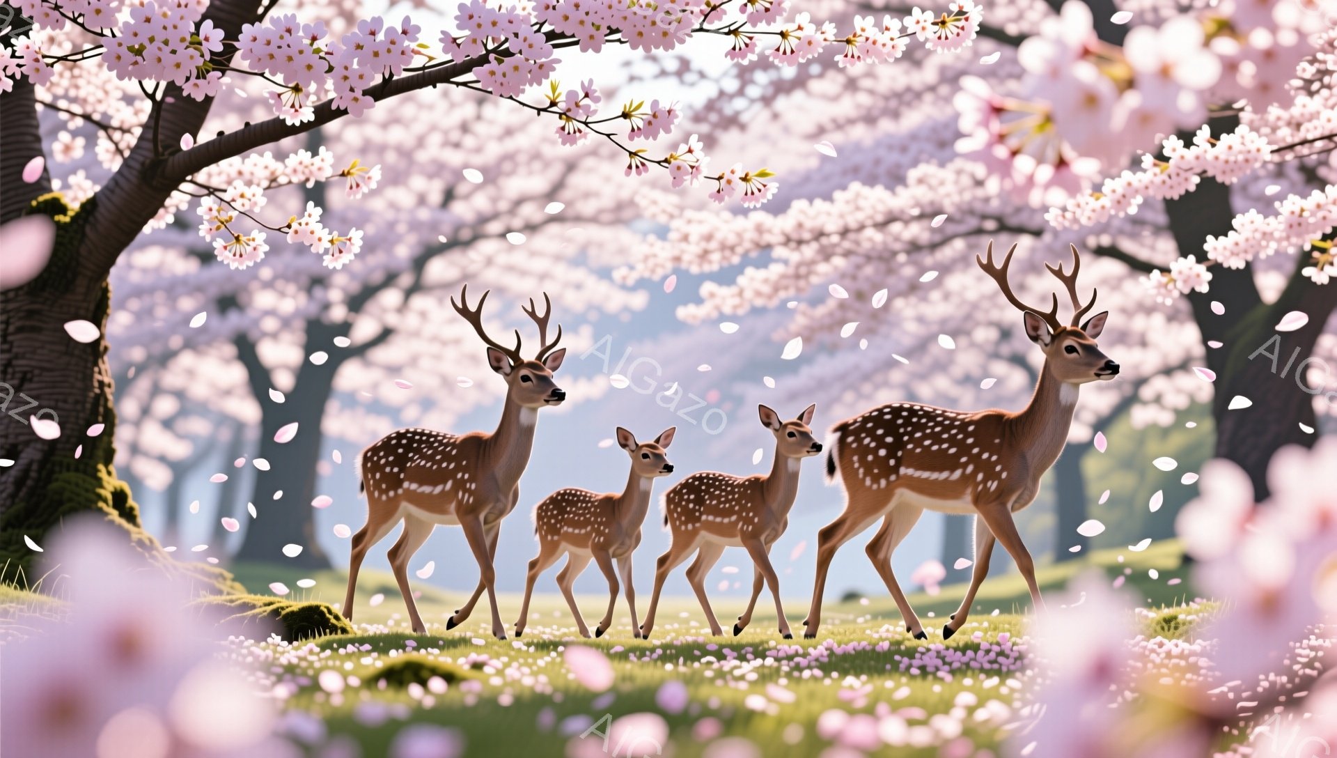 桜の木の下で、親子鹿が穏やかに佇んでいます。周りには桜の花びらが舞い散り、春の暖かく優しい雰囲気が漂っています。緑の草の上で、鹿たちは春の訪れを楽しんでいるようです。 - AI生成フリー素材