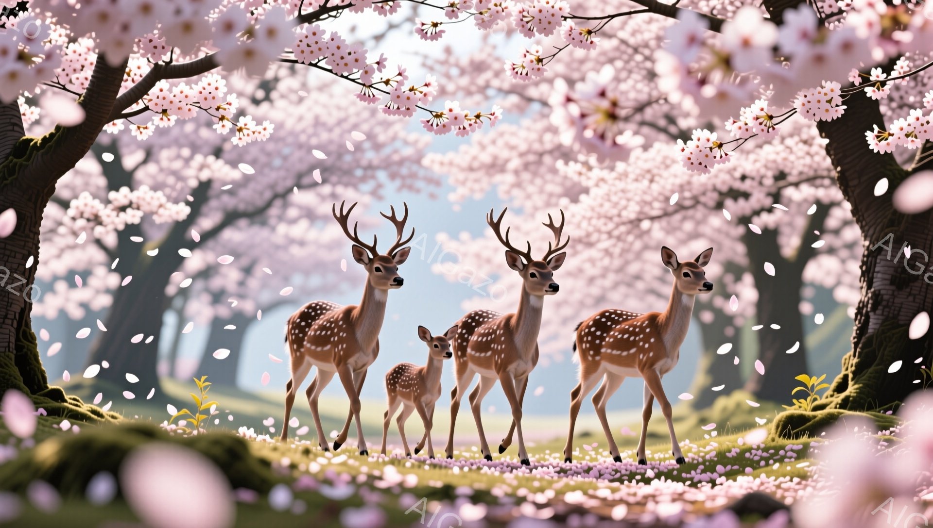 桜の木の下で、母鹿と子鹿たちが穏やかに佇んでいます。ピンク色の花びらが舞い散り、春の暖かさと静けさを感じさせる美しい風景です。緑豊かな背景と鹿たちの優しい表情が、平和な雰囲気をさらに引き立てています。 - AI生成フリー素材