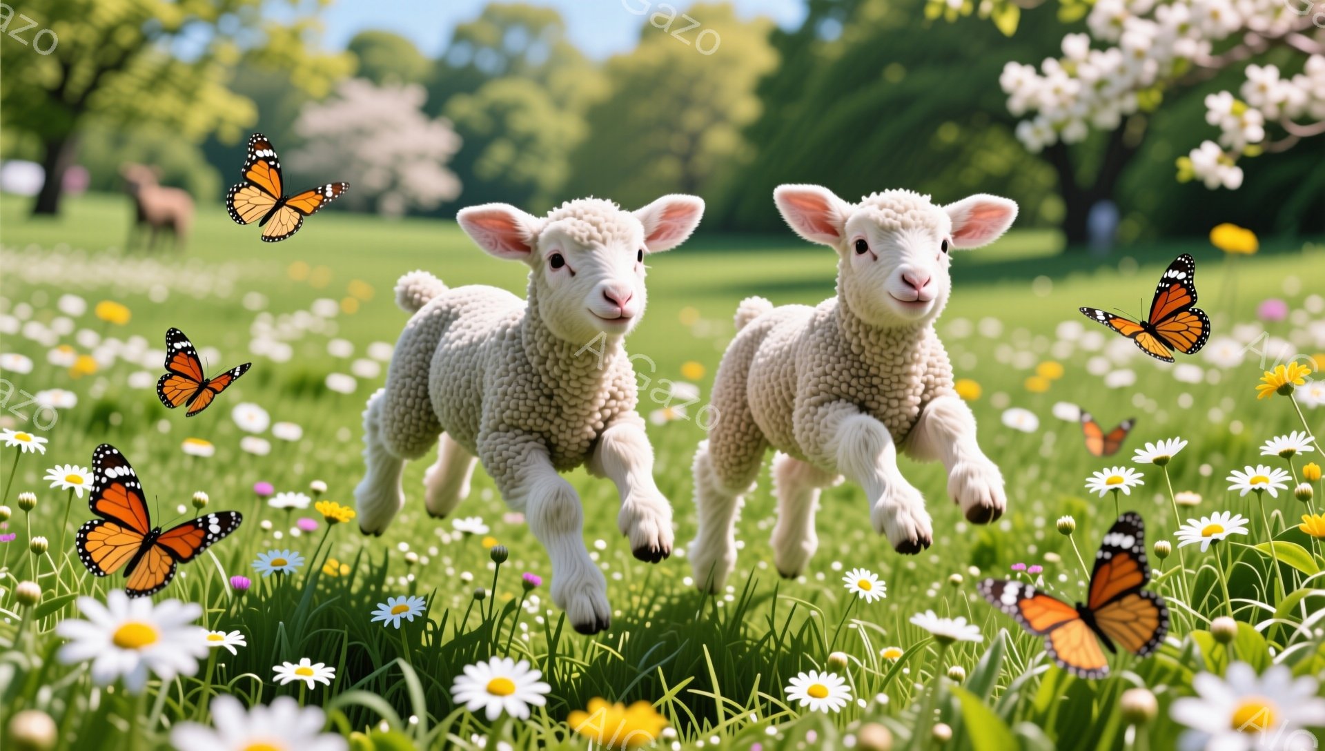 緑豊かな牧草地で、2匹の可愛い子羊が駆け抜けている。周りには様々な色の花が咲き乱れ、黄色や白の花が草原を彩っている。空にはオレンジ色の蝶が舞い、春らしい暖かく穏やかな雰囲気が漂っている。 - AI生成フリー素材