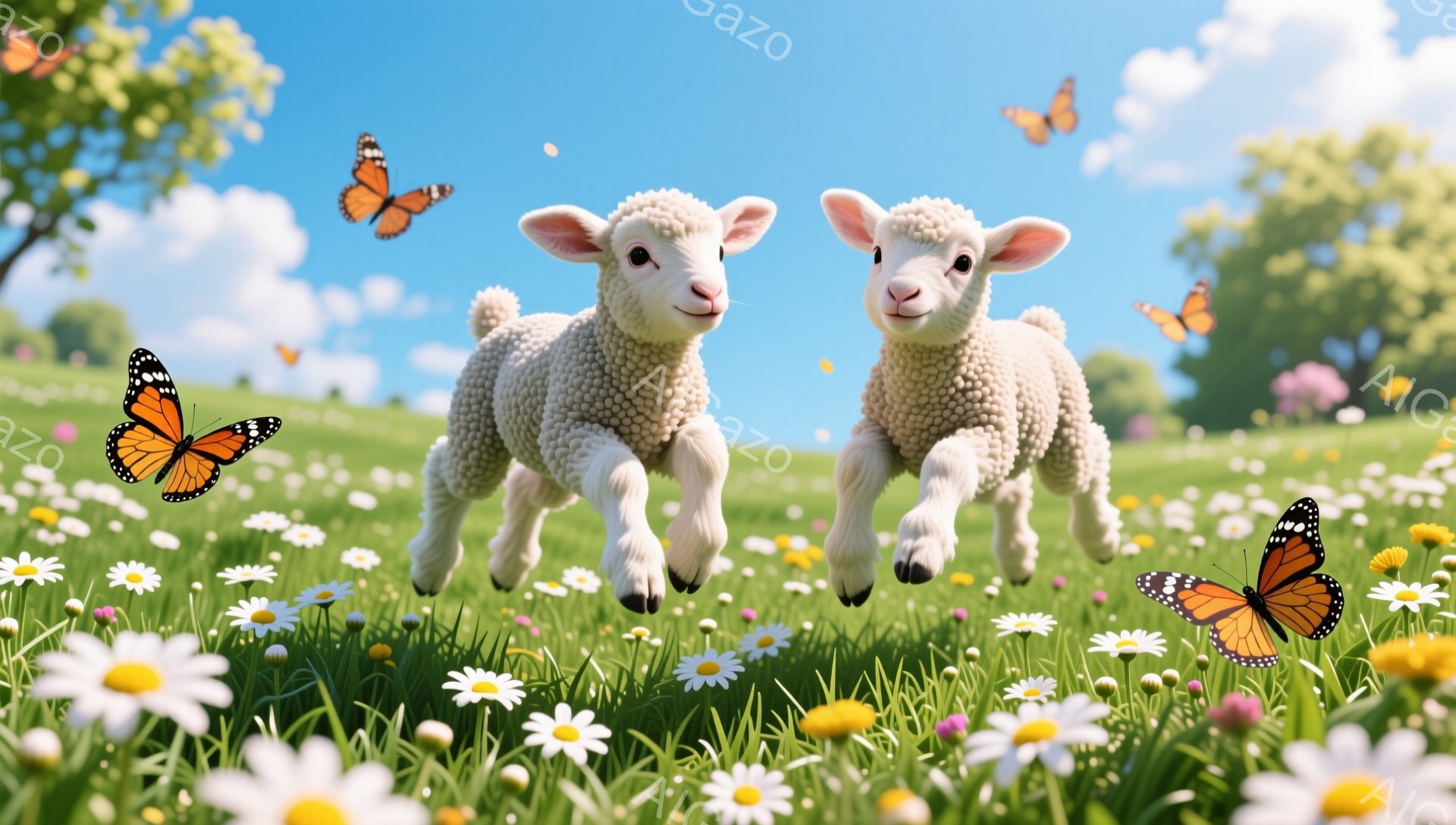 緑豊かな草原を二匹の子羊が元気に駆け抜けています。周りにはタンポポやデイジーなどの花が咲き乱れ、空には蝶が舞っています。暖かい日差しと花々が、のどかで幸せな雰囲気を醸し出しています。 - AI生成フリー素材