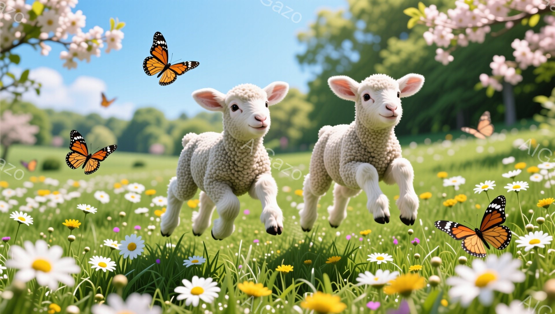 緑豊かな草原で、2匹の愛らしい子羊が楽しそうに駆け回っている。周りには黄色や白の可愛らしい花々が咲き乱れ、背景には木々が見える。空には色とりどりの蝶が舞い、春の穏やかな雰囲気を演出している。 - AI生成フリー素材