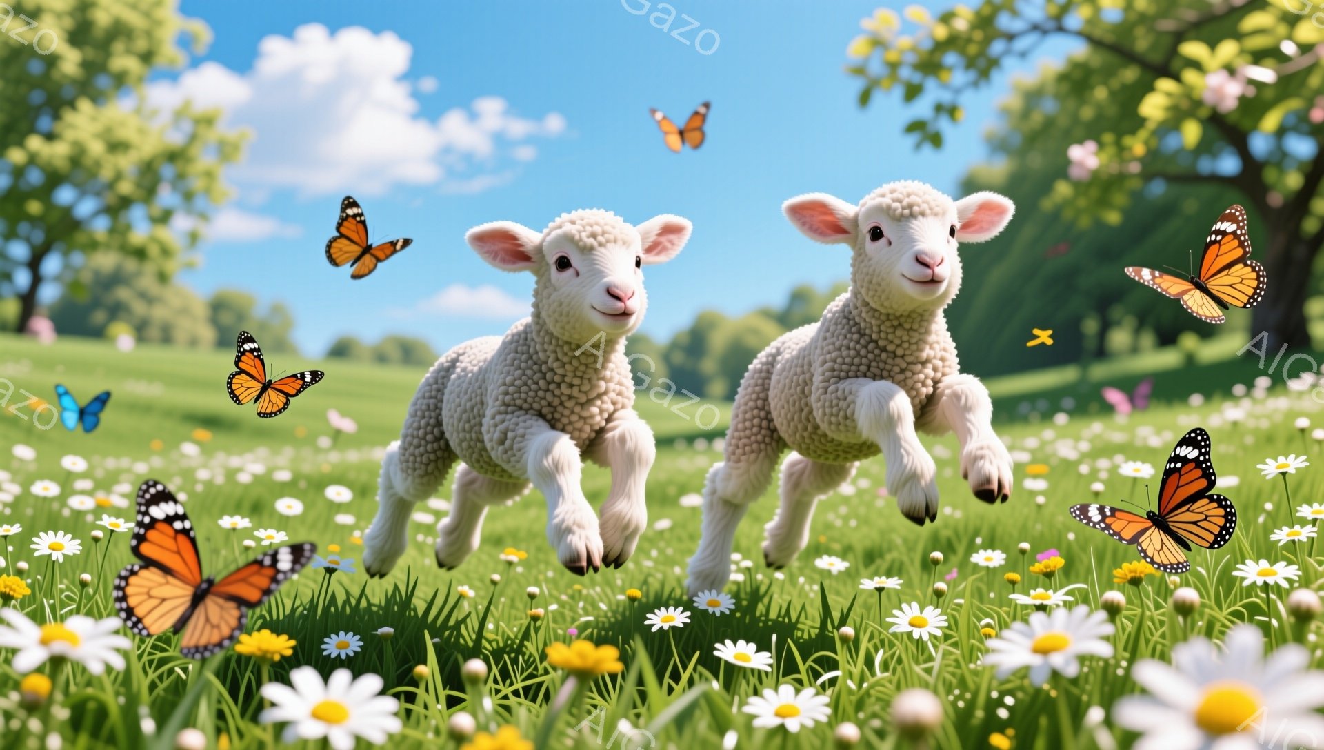 緑豊かな草原を二匹の子羊が駆け抜けている。周りには色とりどりの蝶が舞い、白い花が咲き乱れており、明るく平和な雰囲気が漂っている。子羊たちは楽しそうに走り、背景の緑と空の青が鮮やかなコントラストを生み出 - AI生成フリー素材