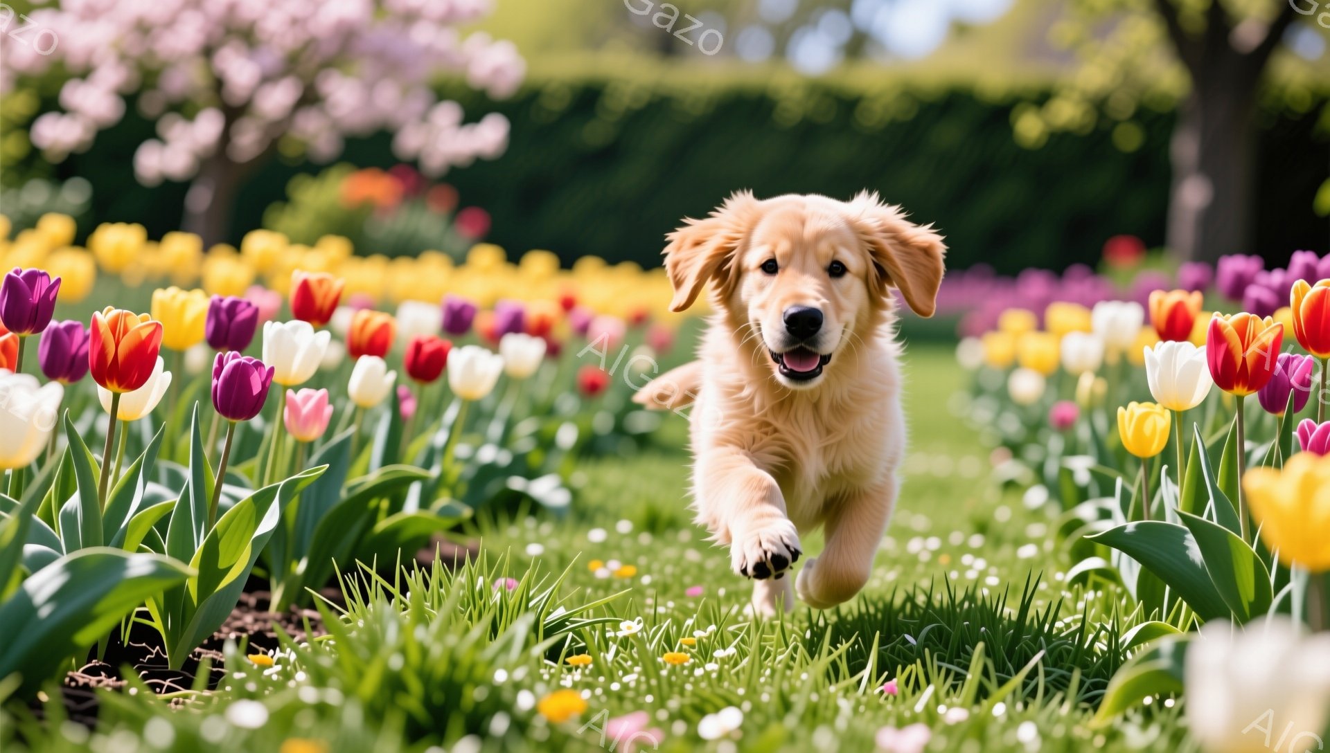 鮮やかなチューリップ畑をゴールデンレトリバーの子犬が駆け抜けている。子犬は口を開けて楽しそうに走り、周囲の花々とのコントラストが美しい。春らしい暖かく明るい雰囲気の画像だ。