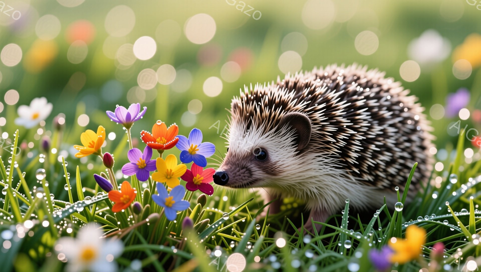 緑豊かな草むらの中で、ハリネズミがカラフルな花々の中に顔を突っ込んでいます。朝露で濡れた草や花びらがキラキラと輝き、穏やかで可愛らしい雰囲気を醸し出しています。春の訪れを感じさせる、優しい光景です。