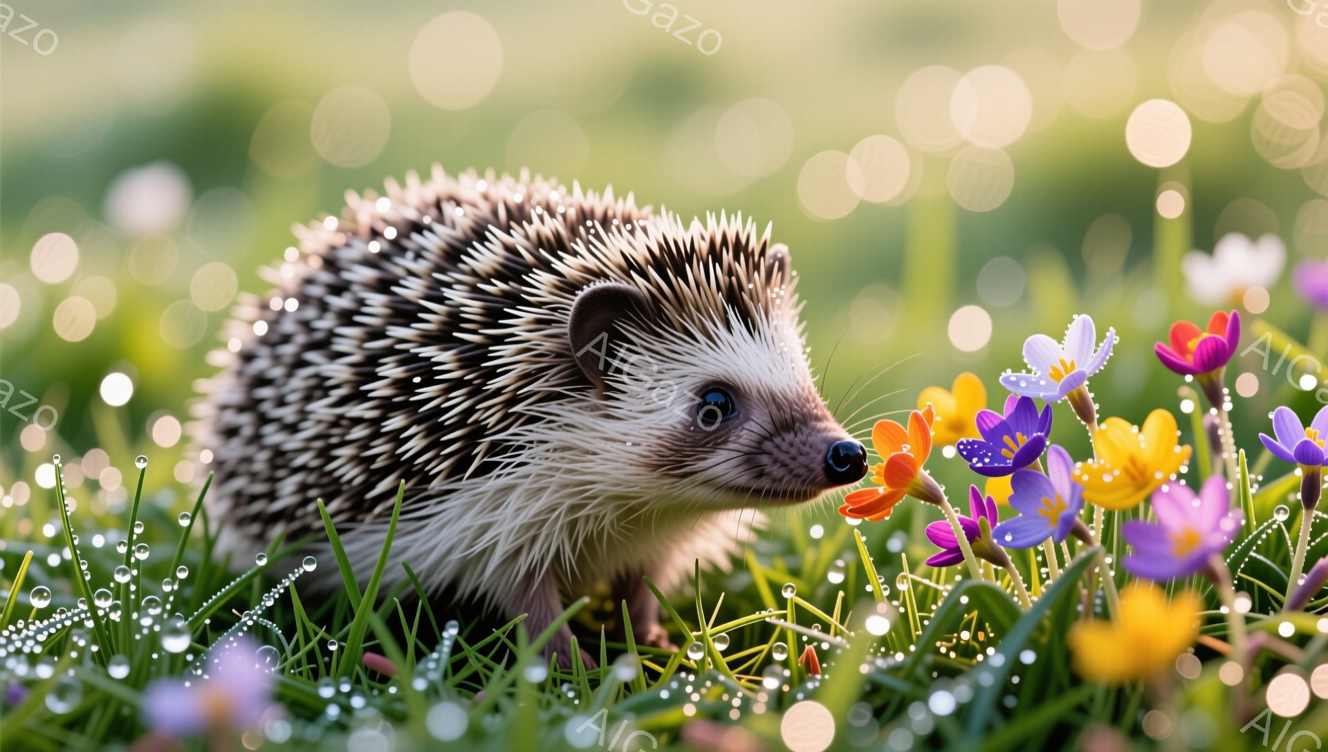 緑の草原と色とりどりの花の間で、可愛らしいハリネズミが花を見上げています。陽の光が柔らかく差し込み、周りの草には朝露が輝いており、暖かく優しい雰囲気が漂っています。ハリネズミの毛並みは細かく、その愛らしい姿は見る人の心を和ませます。