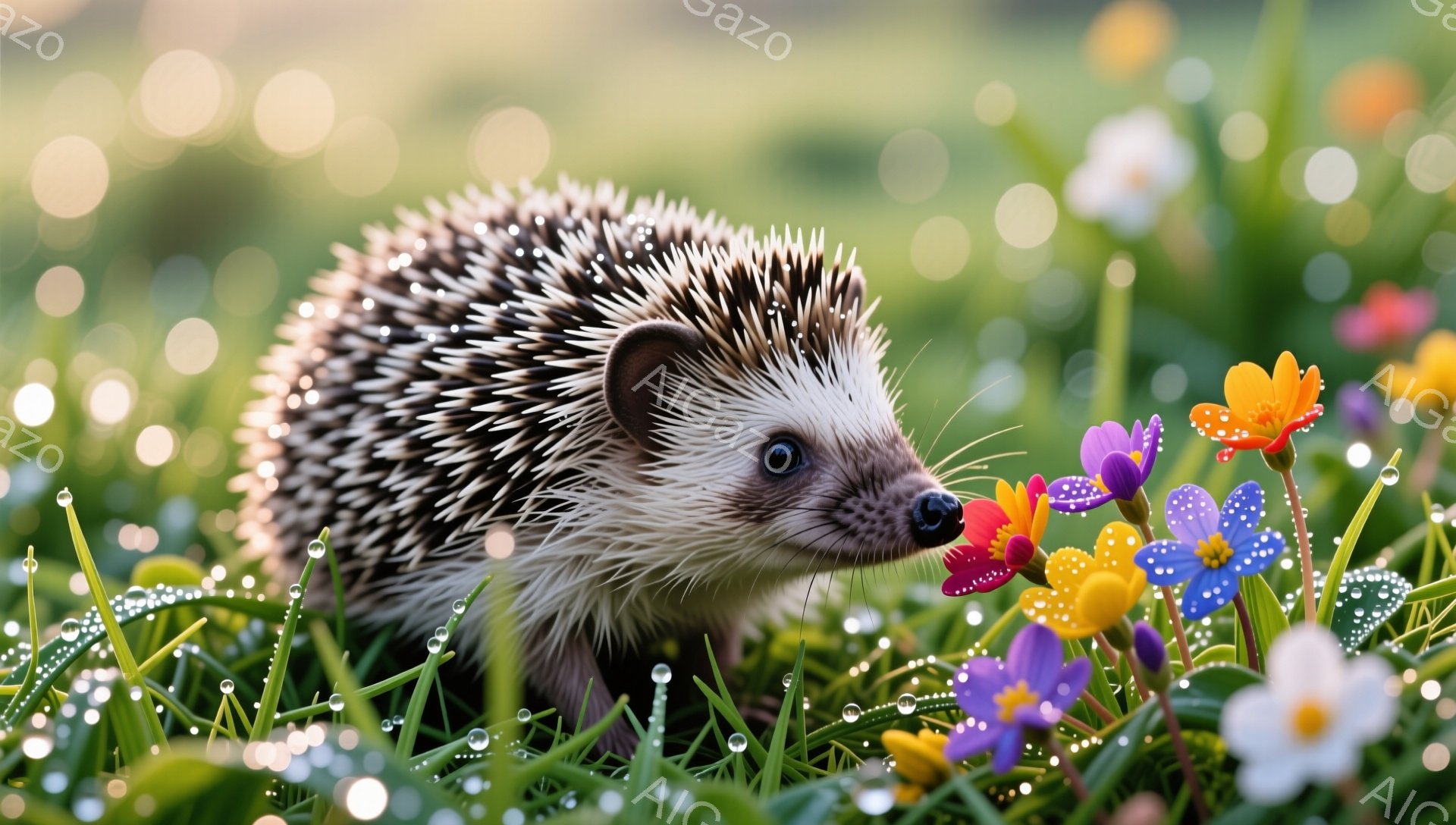 緑豊かな草むらに、可愛らしいハリネズミが小さな花に顔を近づけています。朝露に濡れた草葉と花びらがキラキラと輝き、優しい雰囲気を作り出しています。春の訪れを感じさせる、穏やかで平和な情景です。 - AI生成フリー素材