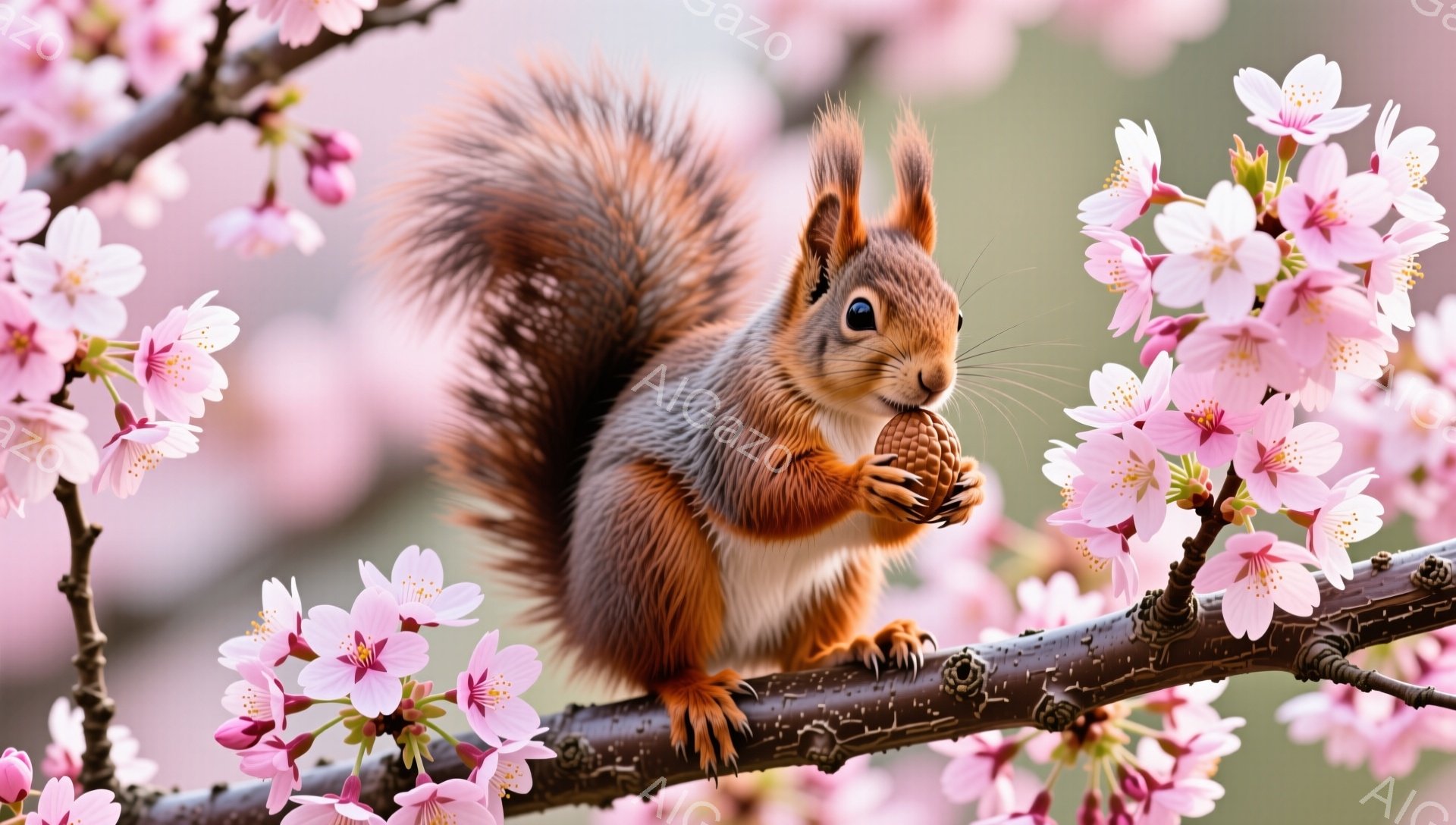 リスが桜の枝に座り、手にどんぐりを抱えています。毛並みは赤茶色で、ふっくらとした冬毛で暖かく見えます。背景には桜の花が咲き乱れ、春の穏やかな雰囲気を醸し出しています。 - AI生成フリー素材