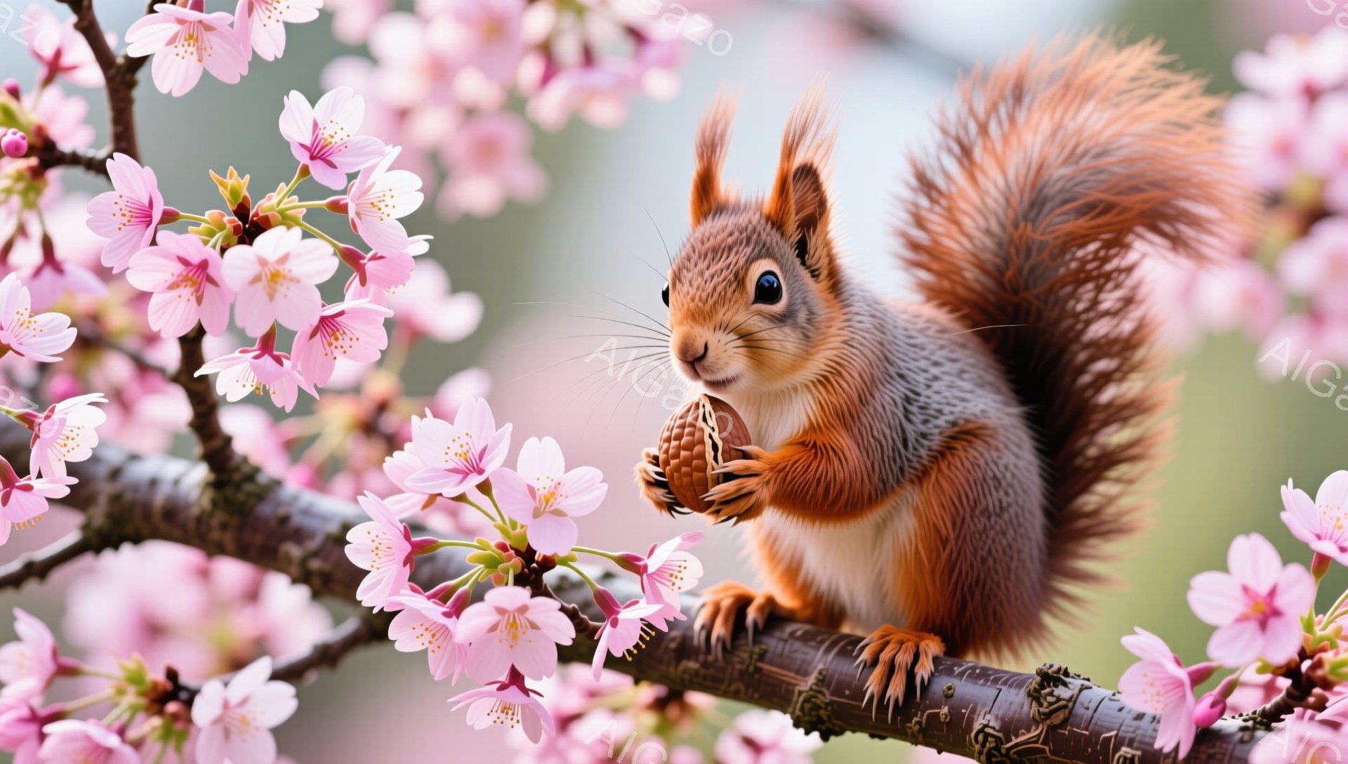 リスが桜の枝に座って、どんぐりを手に持っています。毛並みは赤茶色で、ふわふわとしており、可愛らしい姿をしています。背景には桜の花が咲き乱れ、春の暖かな雰囲気が感じられます。 - AI生成フリー素材