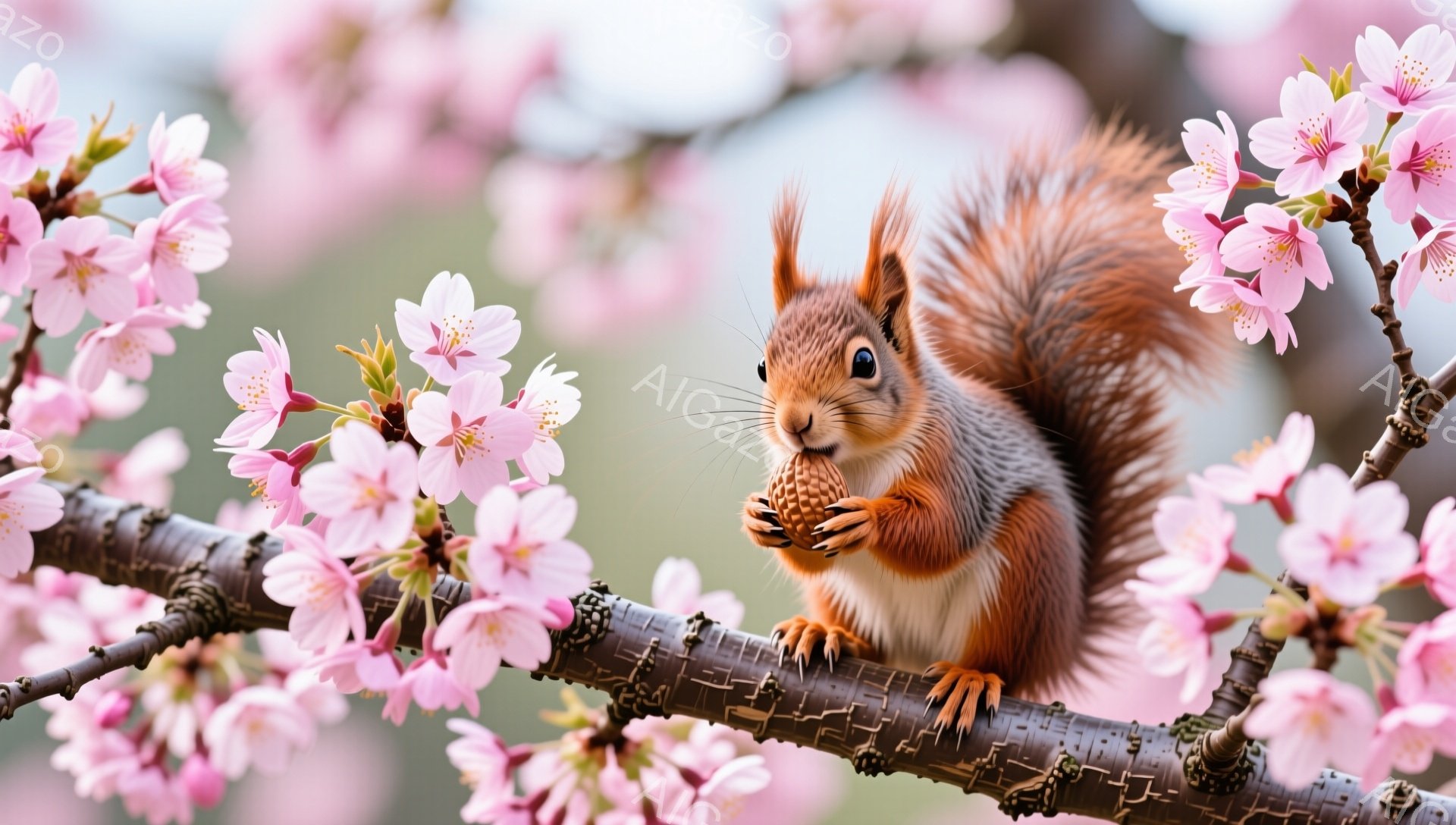 リスが桜の枝に座り、持っているどんぐりを食べている。背景には桜の花が咲き乱れ、春の暖かさと可愛らしさを表現している。毛並みの色と桜のピンク色が相まって、とても美しい光景である。 - AI生成フリー素材