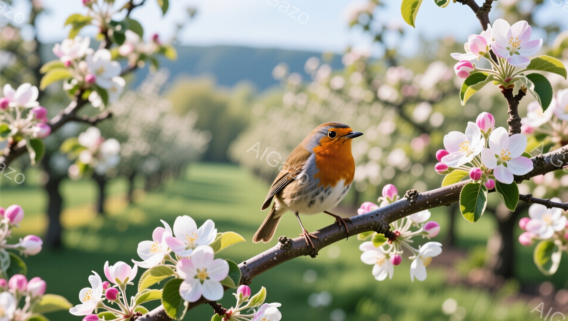 春の穏やかな日に、一羽のヨーロッパコマドリが桜の枝にとまっている。ピンク色の花々と鮮やかな赤色の胸が対照的で、自然の美しさを際立たせている。背景には緑豊かな木々が広がり、穏やかで平和な雰囲気を醸し出している。