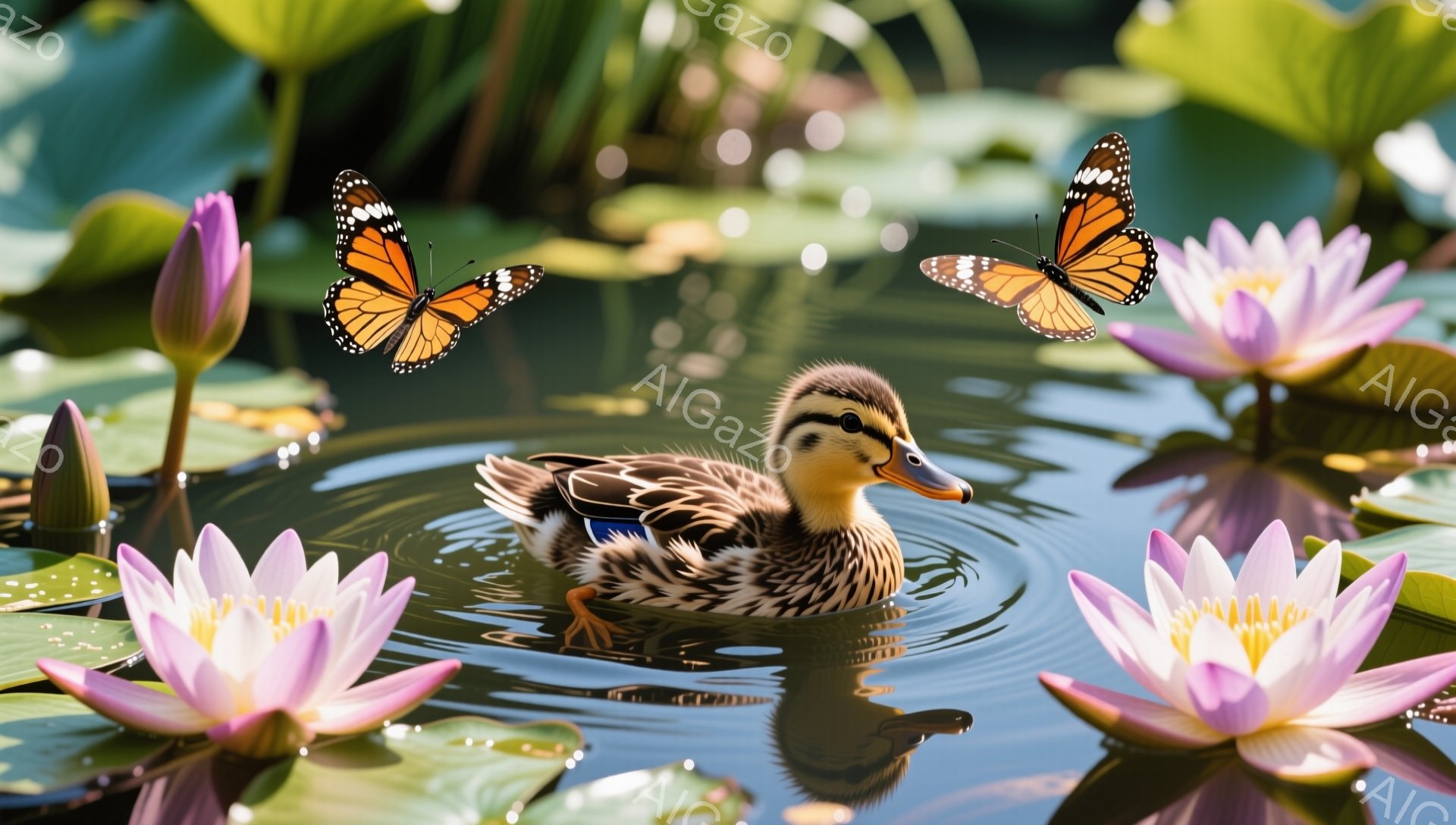 小さなアヒルがスイレンの咲く池で泳いでいます。羽はまだふわふわとしており、水面を優雅に滑る姿は可愛らしいです。池にはピンクのスイレンが咲き乱れ、背景には緑の葉が広がっています。