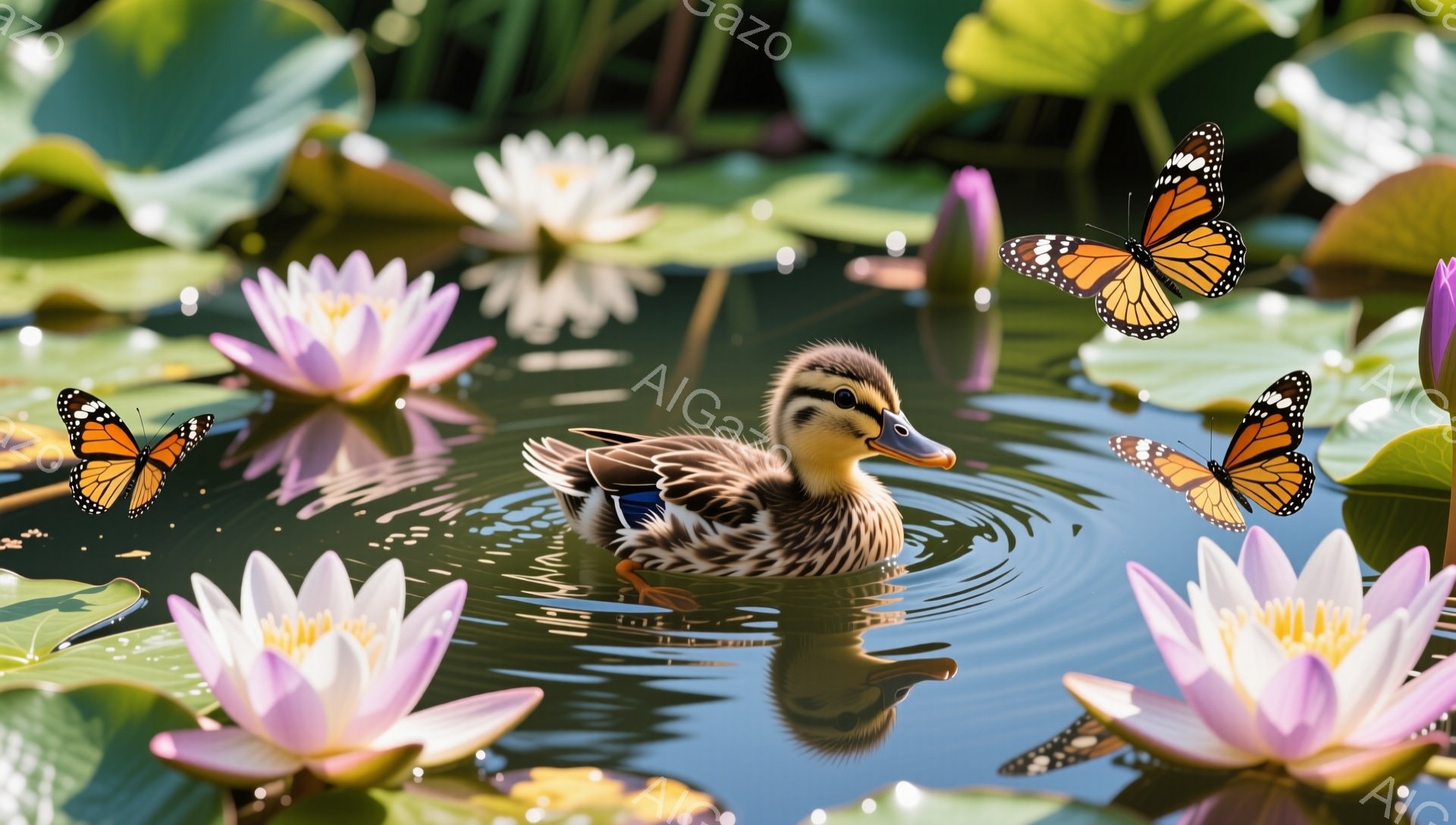 アヒルが蓮の池を優雅に泳いでいます。水面には美しい蓮の花が咲き、周囲には鮮やかな緑の葉が広がっています。暖かい日差しが降り注ぎ、平和で穏やかな雰囲気が漂っています。 - AI生成フリー素材