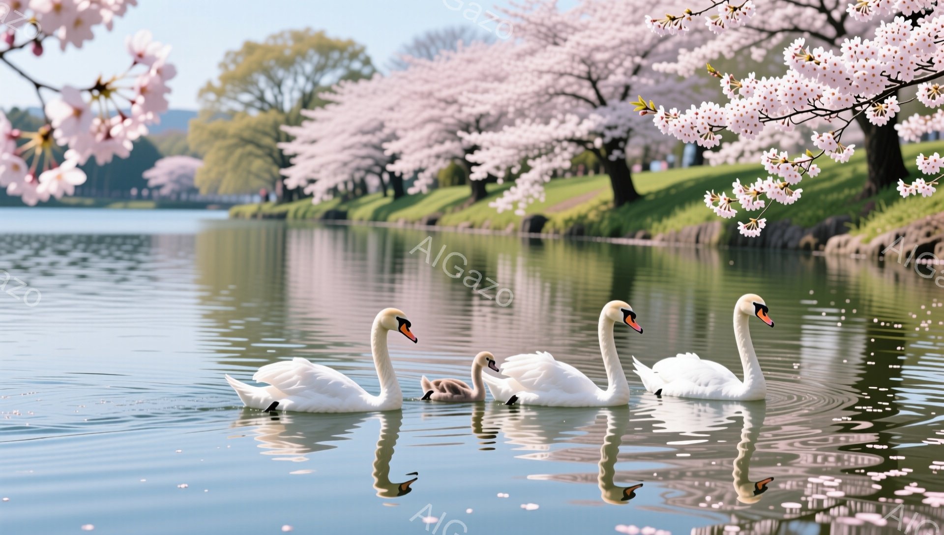 白い白鳥が水面を優雅に泳いでいる。背景には桜並木が咲き誇り、春の穏やかな雰囲気を醸し出している。水面に映る桜と白鳥の姿が、幻想的な風景を作り出している。 - AI生成フリー素材