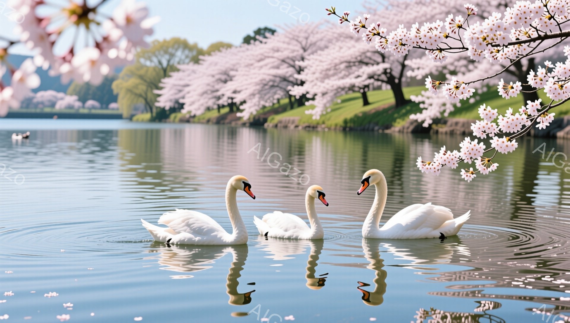 白鳥が穏やかな水面を優雅に泳いでいる。背景には桜並木が咲き誇り、春の暖かな雰囲気を演出している。水面に映る白鳥の姿が、幻想的な景色を作り出している。 - AI生成フリー素材