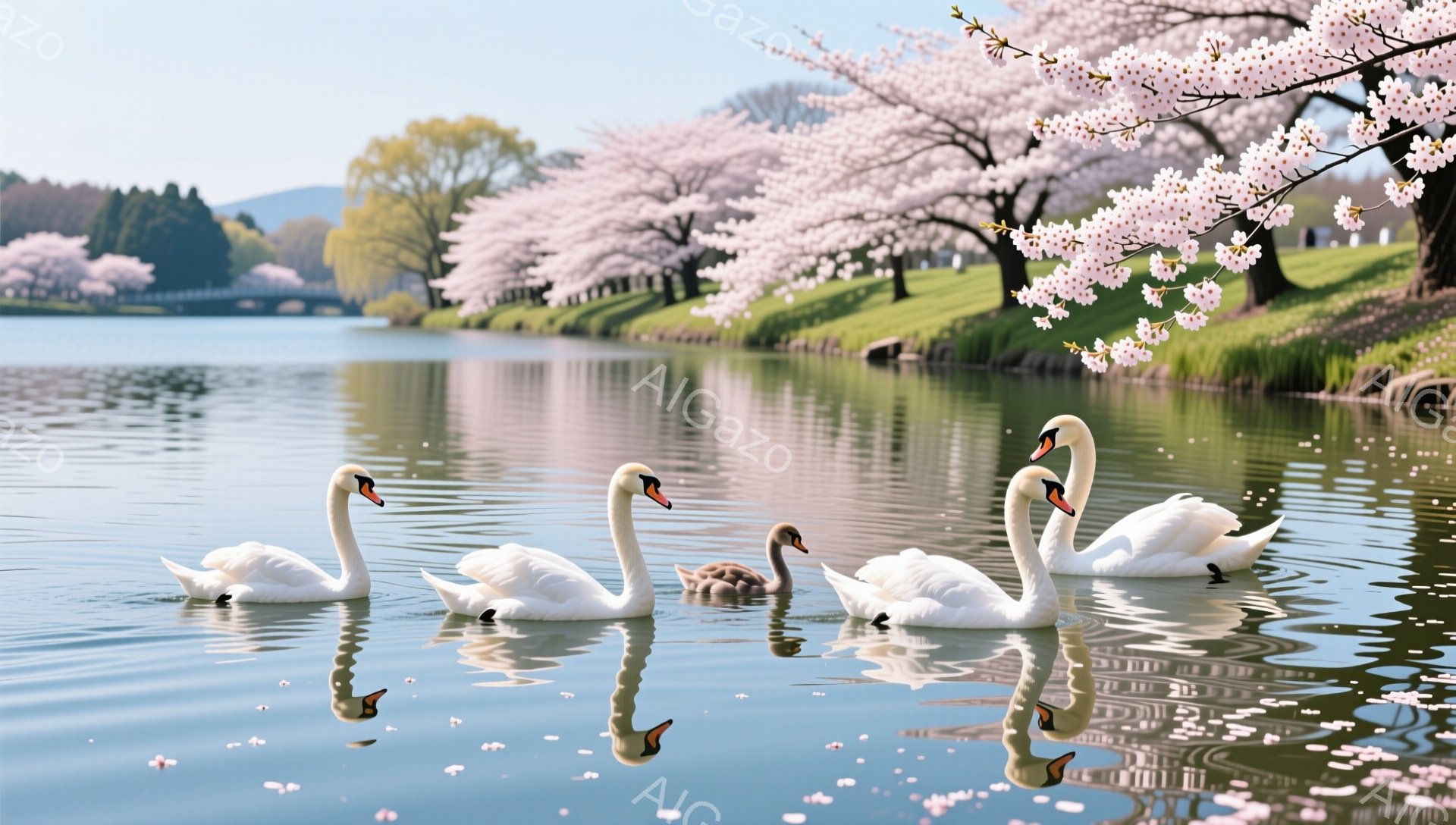 白鳥が穏やかな湖面を優雅に泳いでいる。桜並木が湖の周りを彩り、春の暖かく穏やかな雰囲気を醸し出している。水面に映る白鳥と桜のコントラストが美しい。 - AI生成フリー素材