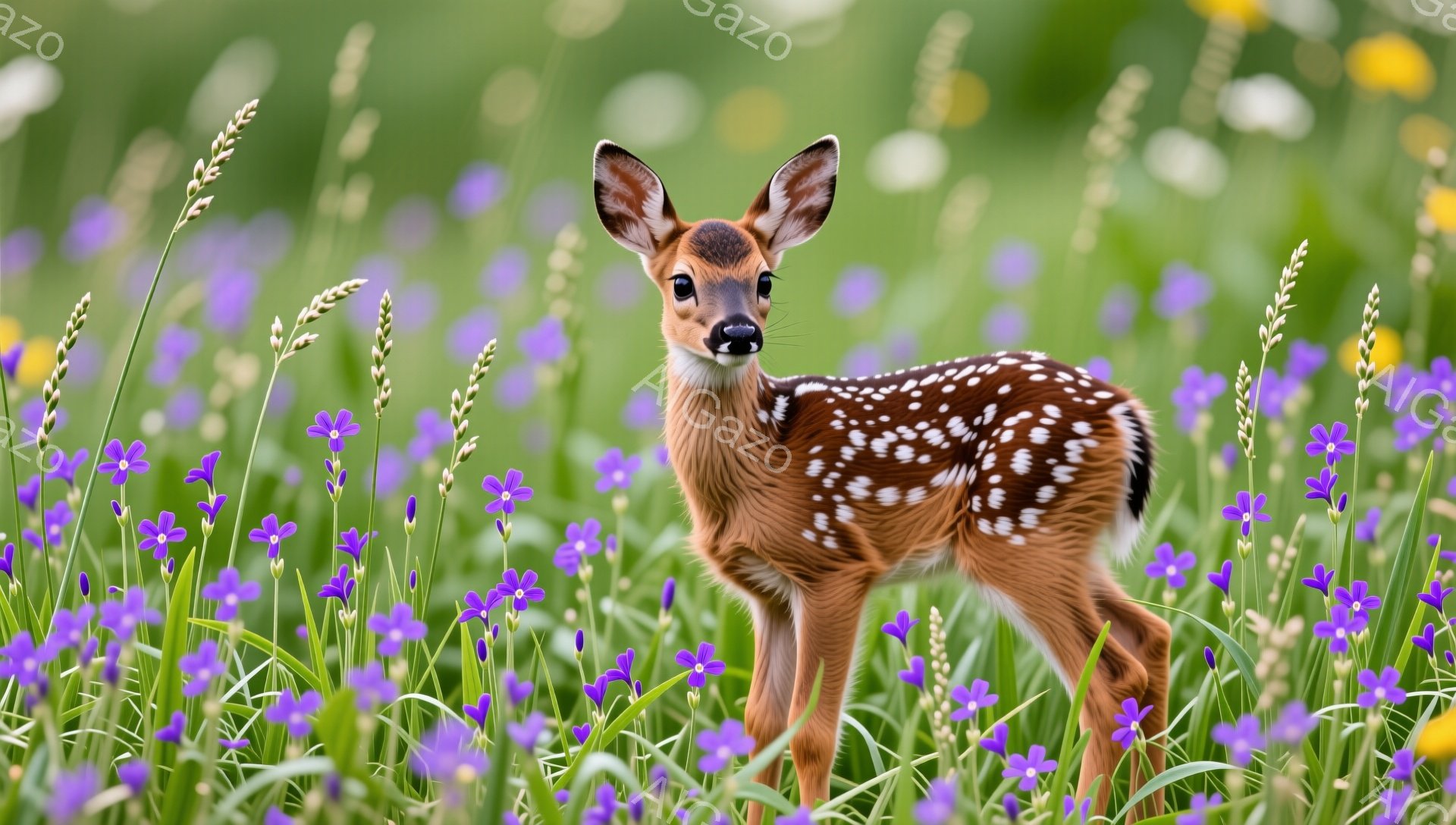 鮮やかな緑の草原の中に、小さなシカが佇んでいます。紫色の花々が咲き乱れ、シカの愛らしい斑点模様とコントラストをなしています。穏やかで平和な雰囲気が漂い、自然の美しさが際立っています。 - AI生成フリー素材