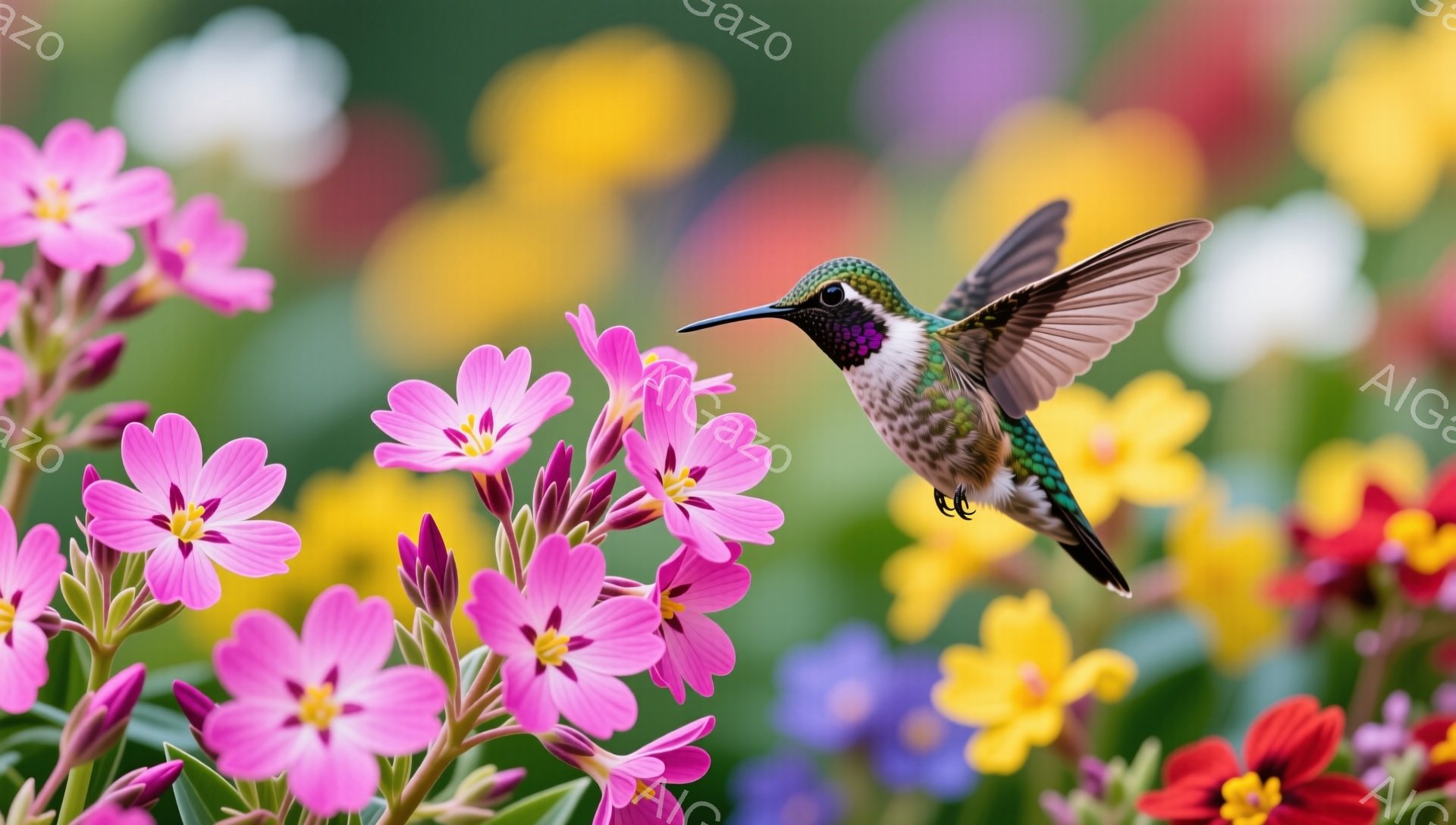 美しい緑色のハチドリが、ピンク色の花の間を舞っている。背景には様々な色の花が咲き乱れ、鮮やかな春の庭園の雰囲気を醸し出している。ハチドリの翼は速く動き、生命力と自由を感じさせる。 - AI生成フリー素材
