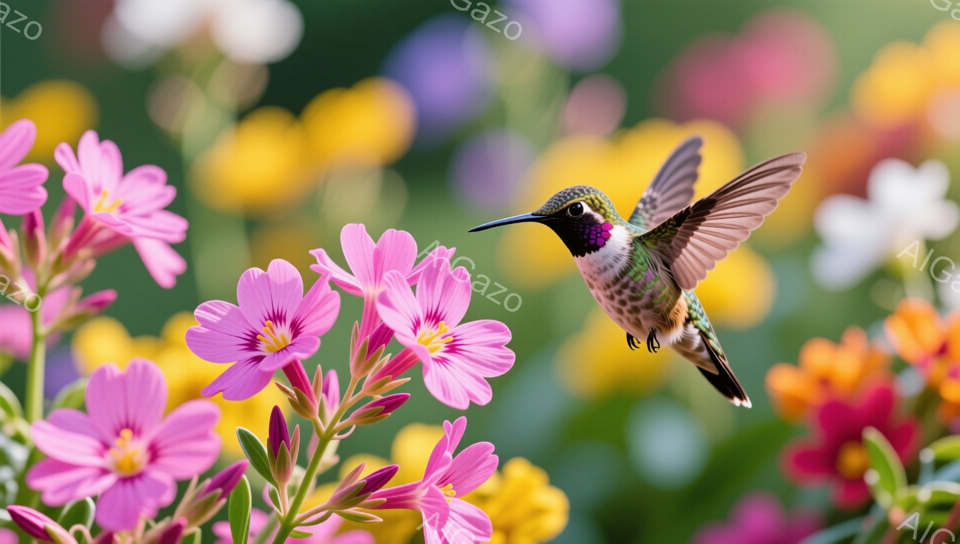鮮やかなピンクと黄色の花の間を、小さなハチドリが舞っている。ハチドリは翼を高速で羽ばたき、花の蜜を吸おうとしている様子が捉えられている。背景は緑豊かで、自然の美しさが感じられる。 - AI生成フリー素材
