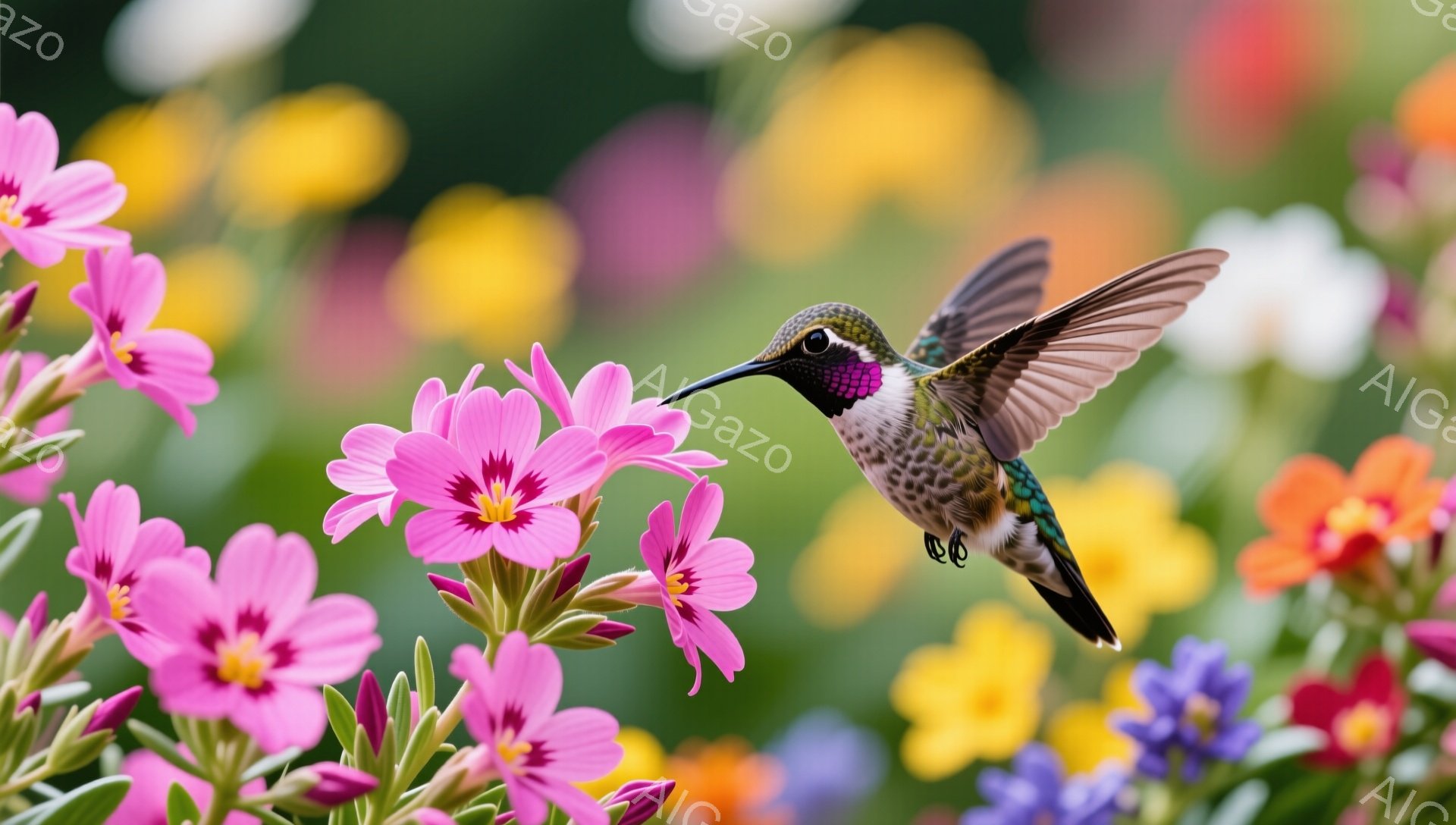 美しいハチドリがピンク色の花にとまっている。背景には様々な色の花が咲き乱れ、春の暖かな雰囲気が伝わってくる。ハチドリの鮮やかな羽の色が、花のピンク色とコントラストをなし、生き生きとした印象を与える。 - AI生成フリー素材