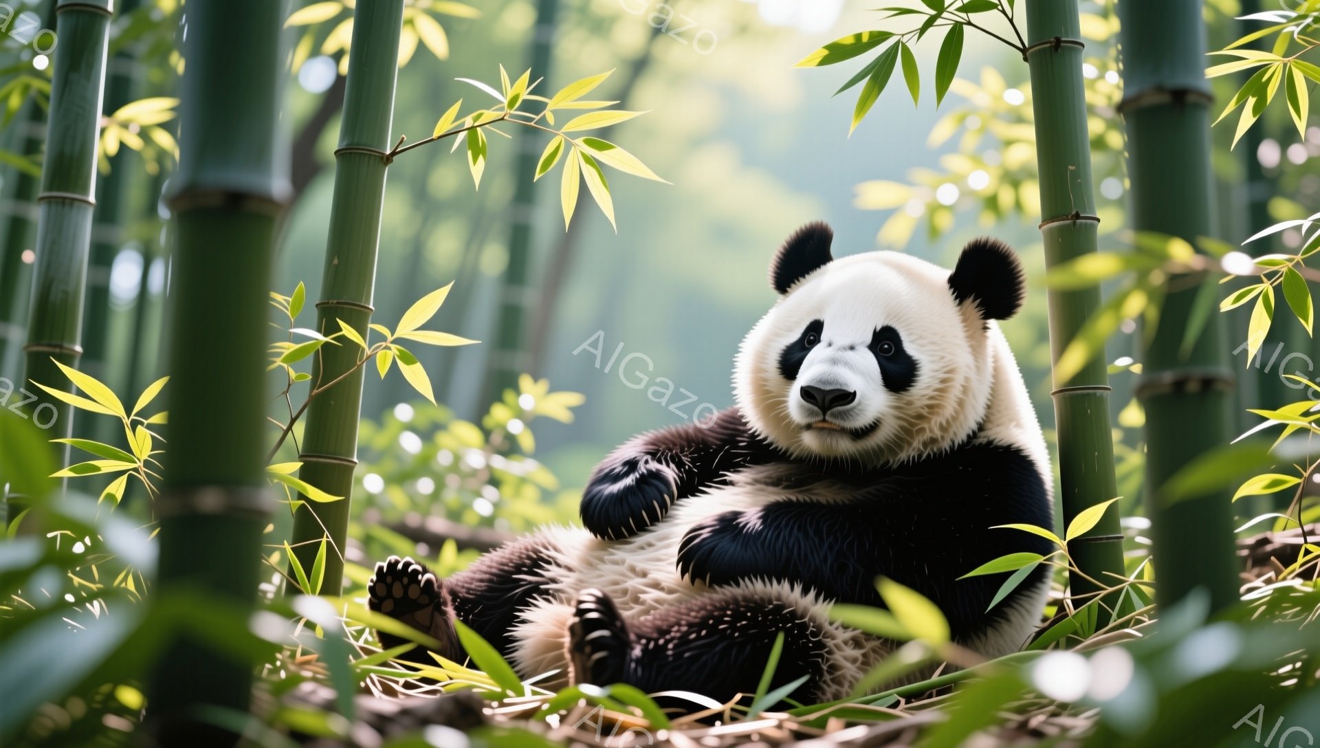 緑豊かな竹林の中で、パンダがリラックスして座っています。ふっくらとした体型で、前足を組んで穏やかな表情をしています。光が差し込み、柔らかな雰囲気を作り出しています。