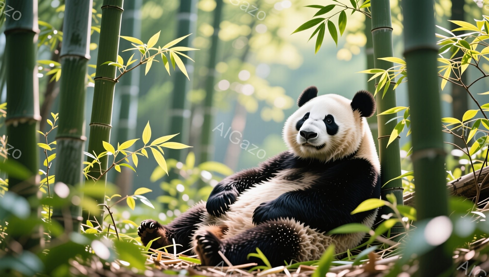 緑豊かな竹林の中で、パンダがリラックスして座っています。丸い体に黒と白の毛並みは、周囲の緑とのコントラストが美しいです。穏やかな表情で、のどかな雰囲気を醸し出しています。