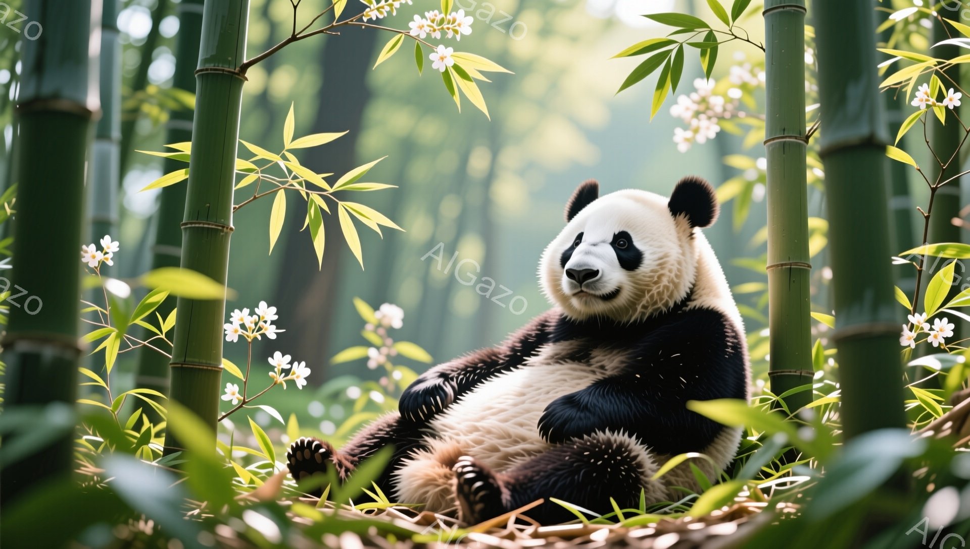 背の高い竹林の中で、パンダがリラックスして座っています。 周りには白い花が咲き、穏やかな雰囲気が漂っています。 パンダは丸みを帯びた体型で、穏やかな表情をしています。