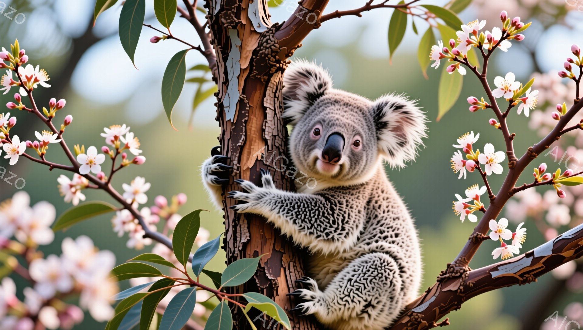 コアラが木の幹にしがみつき、カメラ目線で微笑んでいます。背景にはピンク色の花が咲き誇り、春の穏やかな雰囲気を醸し出しています。毛並みはふさふさとしており、可愛らしい表情が印象的です。 - AI生成フリー素材