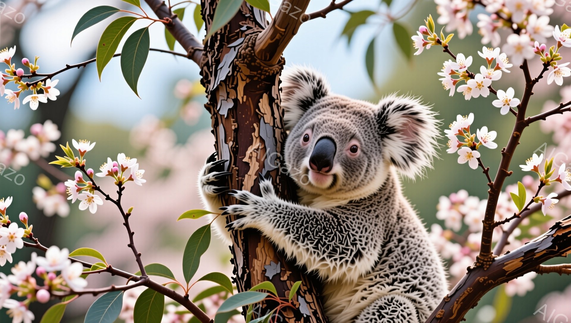 コアラが木の幹にしがみついています。周りにはピンク色の花が咲き乱れ、春の暖かさを感じさせます。コアラは微笑みを浮かべており、愛らしい表情をしています。