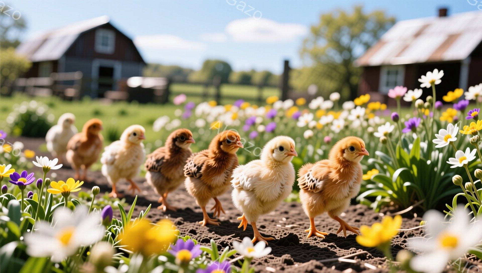 広大な緑の牧草地で、小さなヒヨコたちがカラフルな花畑の中を元気に歩いています。背景には可愛らしい農家小屋が見え、暖かく穏やかな春の日の雰囲気が漂っています。ヒヨコたちはそれぞれ個性的な模様を持ち、愛ら - AI生成フリー素材