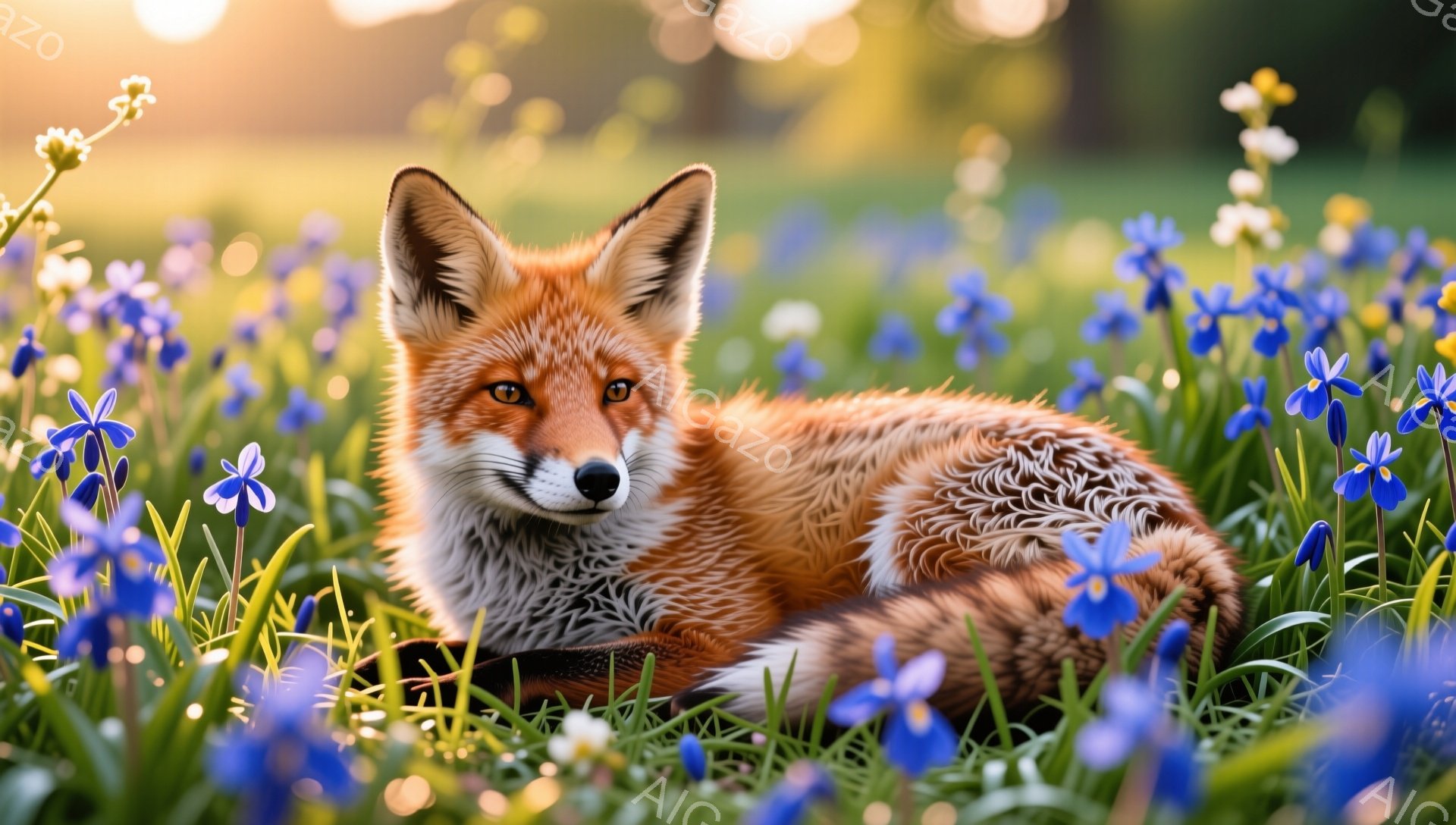 明るい日差しの中、青い花畑で休むキツネが描かれている。毛並みは鮮やかなオレンジ色で、花とのコントラストが美しい。穏やかな雰囲気で、自然の温かさを感じさせる。