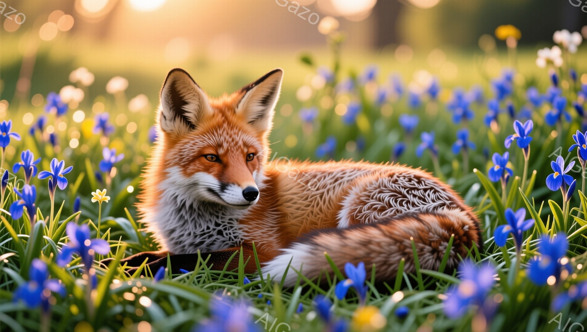鮮やかな青い花畑の中で、毛並みの美しいキツネがゆったりと横たわっています。夕日の光がキツネの毛並みを照らし、温かく穏やかな雰囲気を醸し出しています。穏やかな表情で、リラックスした様子が伝わってきます。