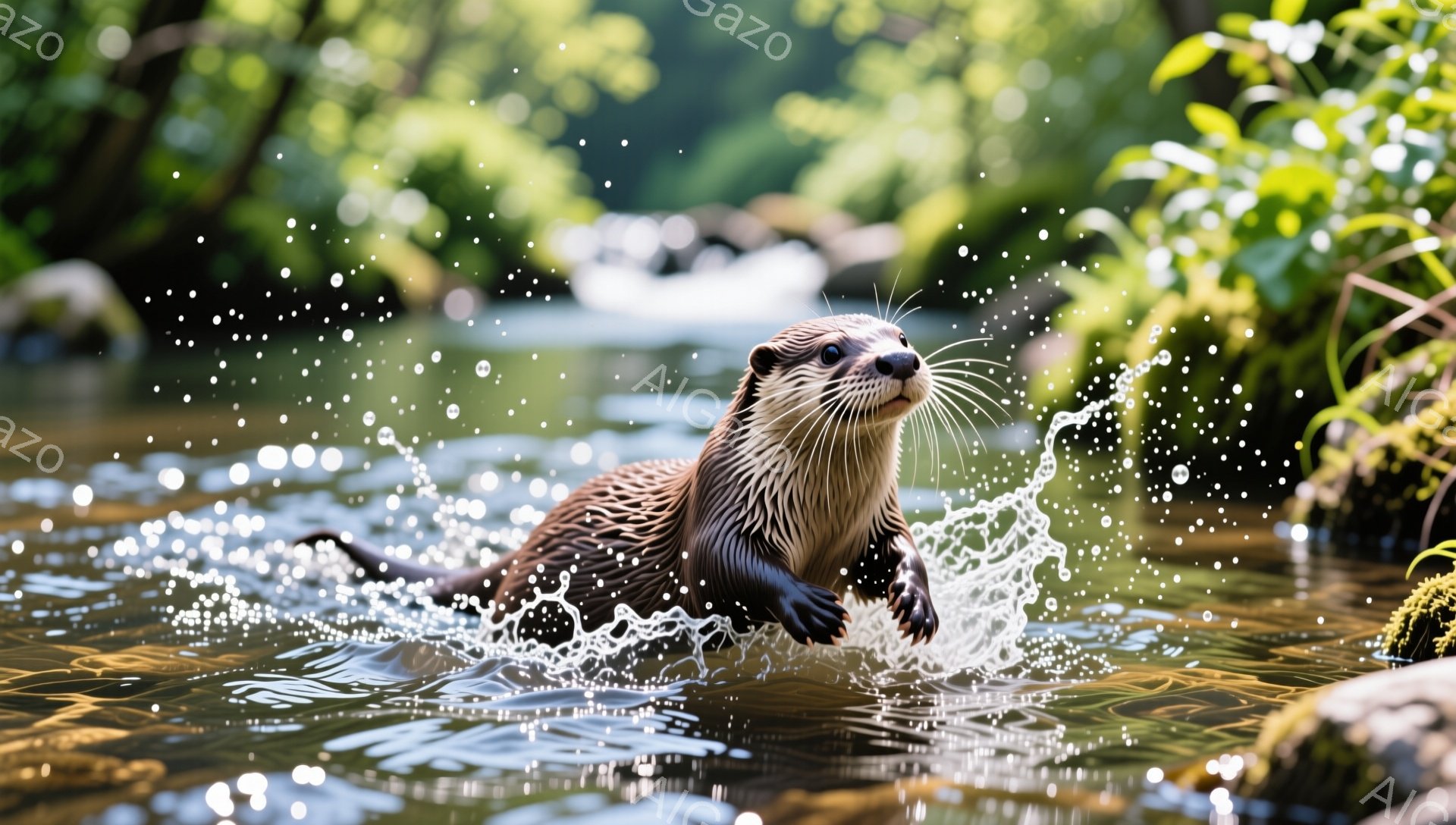 川の中でカワウソが水しぶきを上げて泳いでいる。緑豊かな植物に囲まれ、日差しが差し込み、生き生きとした雰囲気だ。カワウソの毛並みや水の流れがよく表現されている。