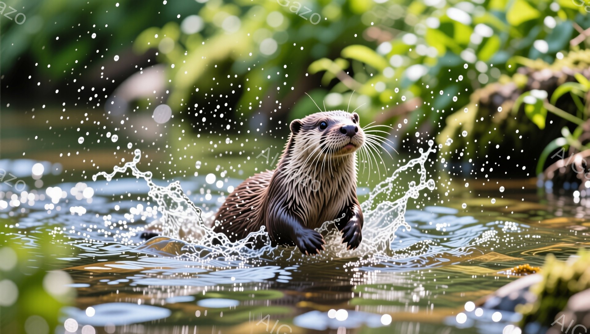 カワウソが水中で飛び跳ねており、水しぶきが飛び散っている。緑豊かな背景と日差しが暖かく、活気のある自然の瞬間を捉えている。その表情は楽しげで、遊び心に満ちている。