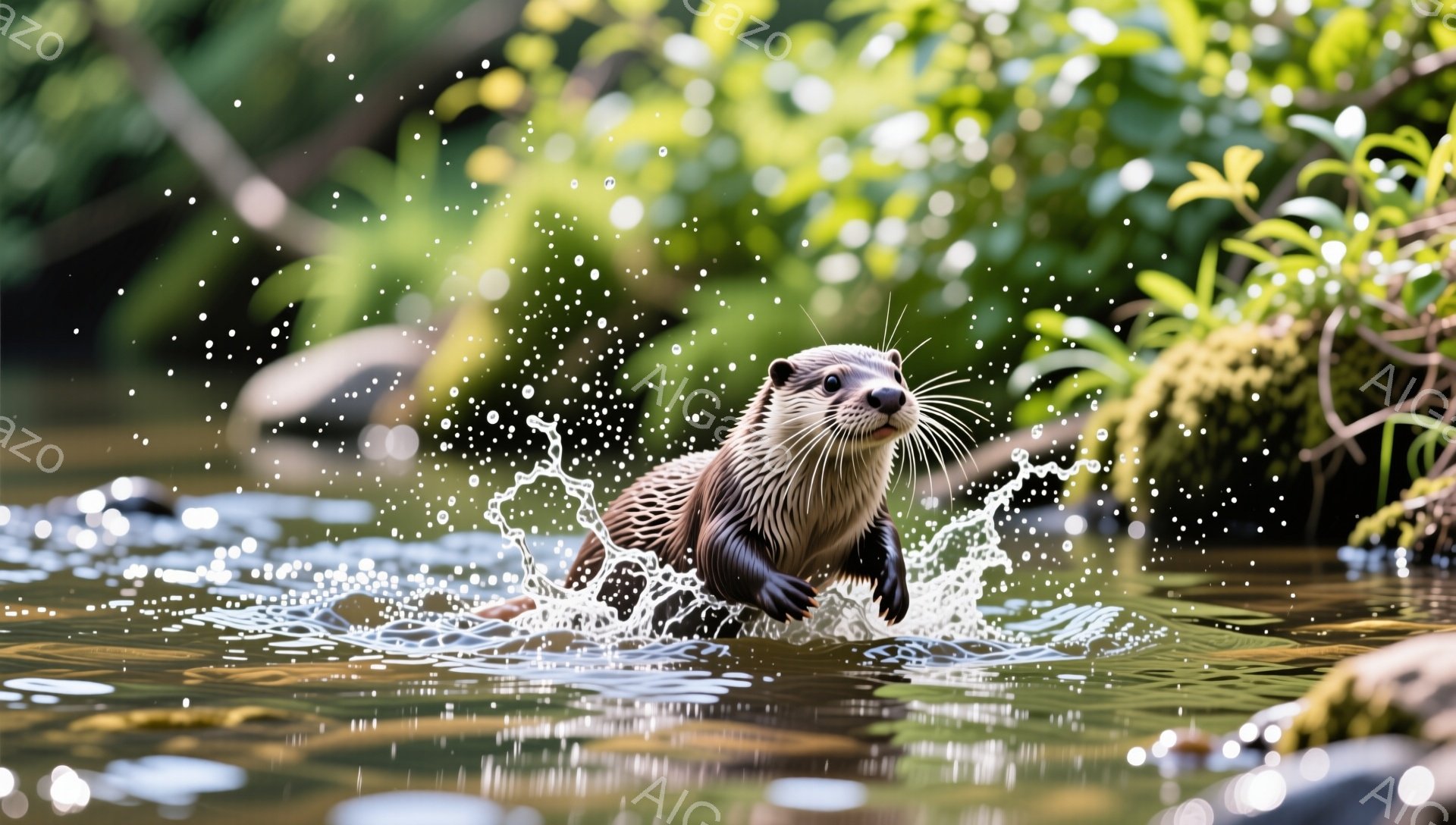 カワウソが水面から飛び出し、水しぶきを上げています。緑豊かな背景と水面の反射が、生き生きとした自然の光景を演出しています。動物の躍動感と、水が弾ける瞬間が捉えられています。