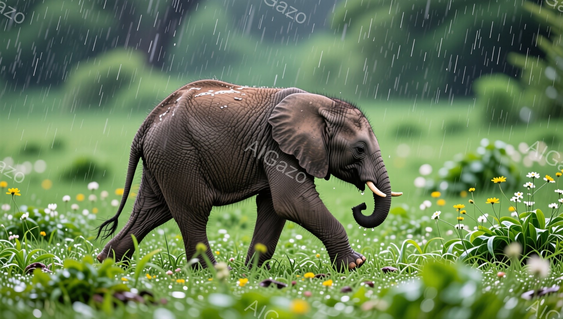 鬱蒼とした緑の草むらの中を、小さなゾウが歩いている。雨が降り注ぎ、ゾウの肌は濡れている。周囲には黄色い花が咲き乱れ、静かで自然な雰囲気を醸し出している。