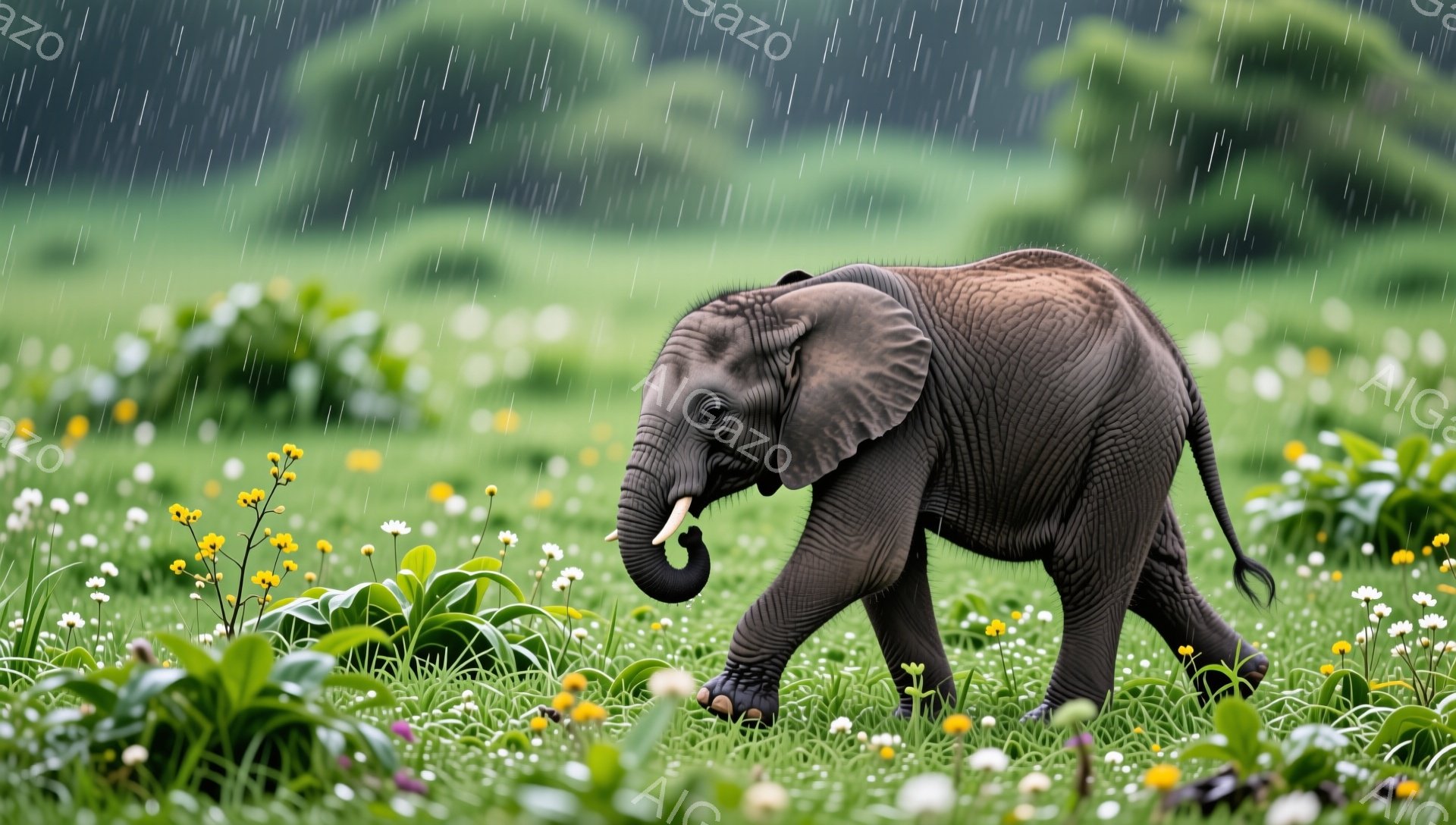 鬱蒼とした緑の中で、小さなゾウが花畑を歩いている。雨が降り注ぎ、ゾウの皮膚を濡らし、生き生きとした自然の風景が広がっている。鮮やかな緑と黄色い花が、雨上がりの光の中で輝いている。