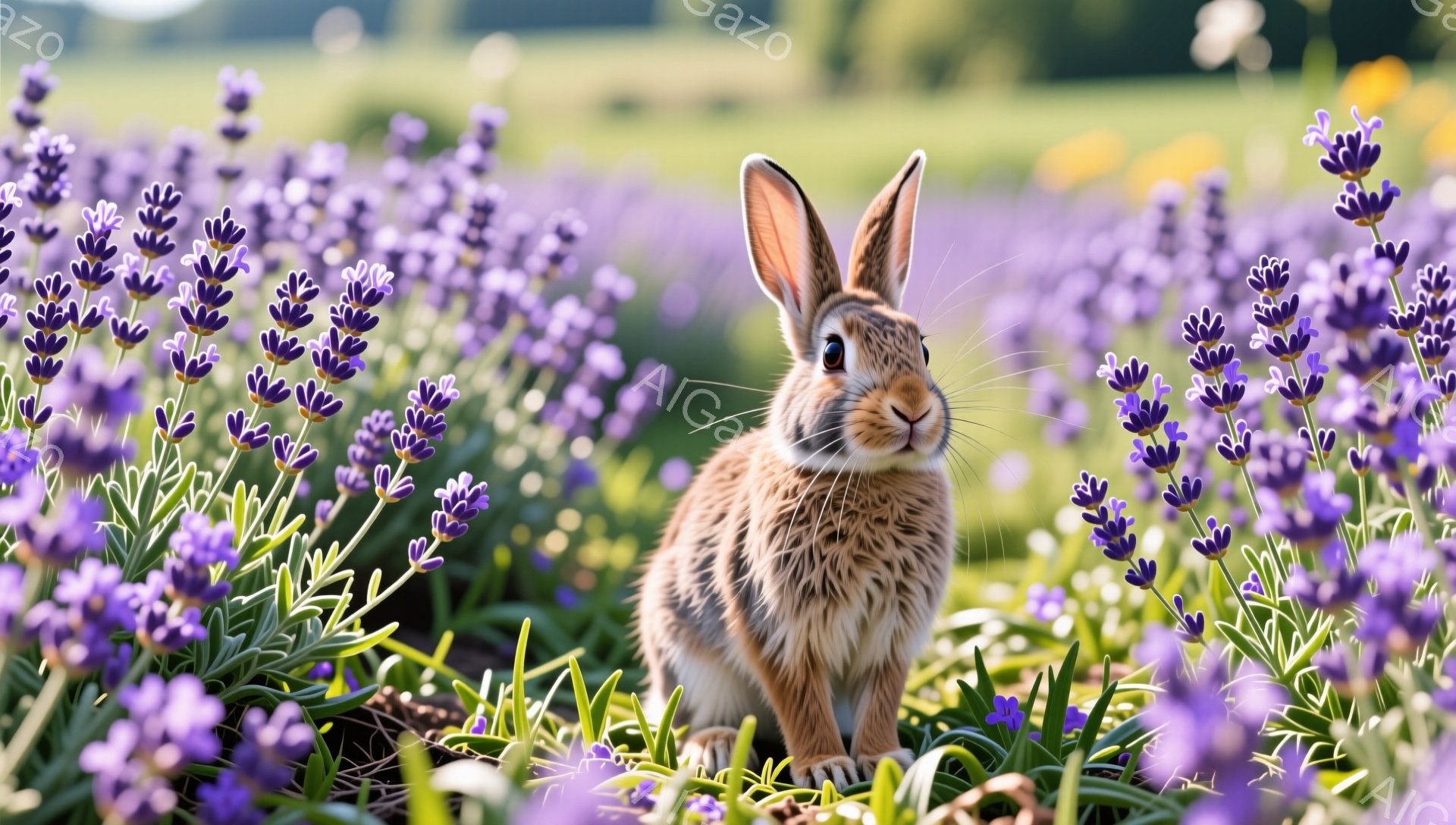 ラベンダー畑の中にいる茶色のウサギが正面を見ています。ウサギは草の上に座り、短い前足で体を支えています。背景には、紫色のラベンダーの花が広がり、穏やかな雰囲気を醸し出しています。