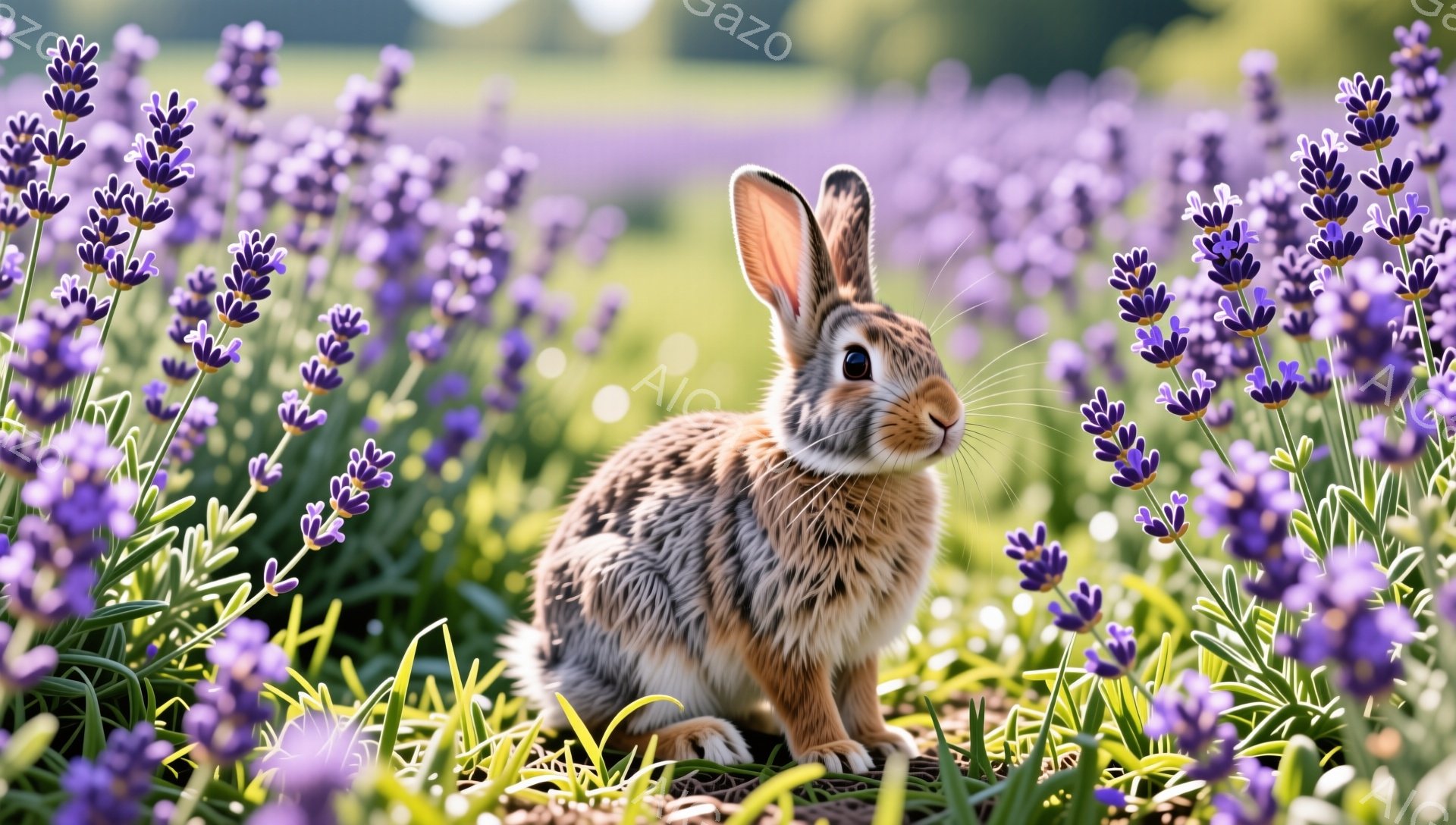 ラベンダー畑の中で、一匹のウサギがこちらを見て座っています。ウサギの毛並みは茶色と白で、表情は好奇心にあふれており、周囲の紫色の花々と相まって、穏やかで平和な雰囲気を醸し出しています。背景には緑豊かな草地とぼやけた遠景が広がっています。