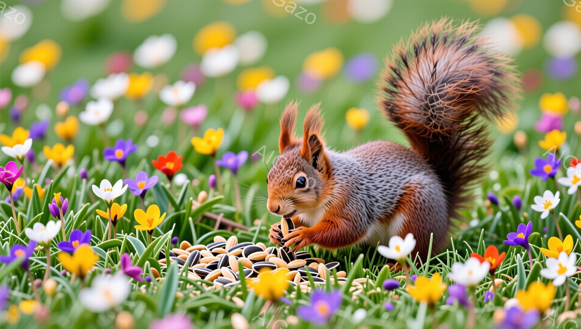 緑色の草の上に色とりどりの花が咲き乱れ、その中にリスがいます。リスは前足で種をつまみ上げ、何かを食べる様子が可愛らしく表現されています。背景の花々とのコントラストが美しく、春の訪れを感じさせる穏やかな - AI生成フリー素材