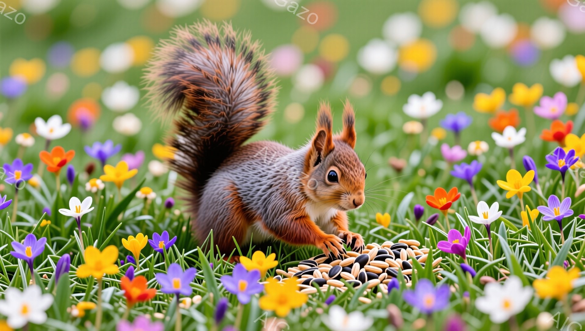 緑色の草の上には、色とりどりの花が咲き乱れ、その中にリスがいます。リスは前足で種をつつき、毛並みの美しい尻尾を立てています。春の陽気な雰囲気を感じさせる、可愛らしい光景です。 - AI生成フリー素材