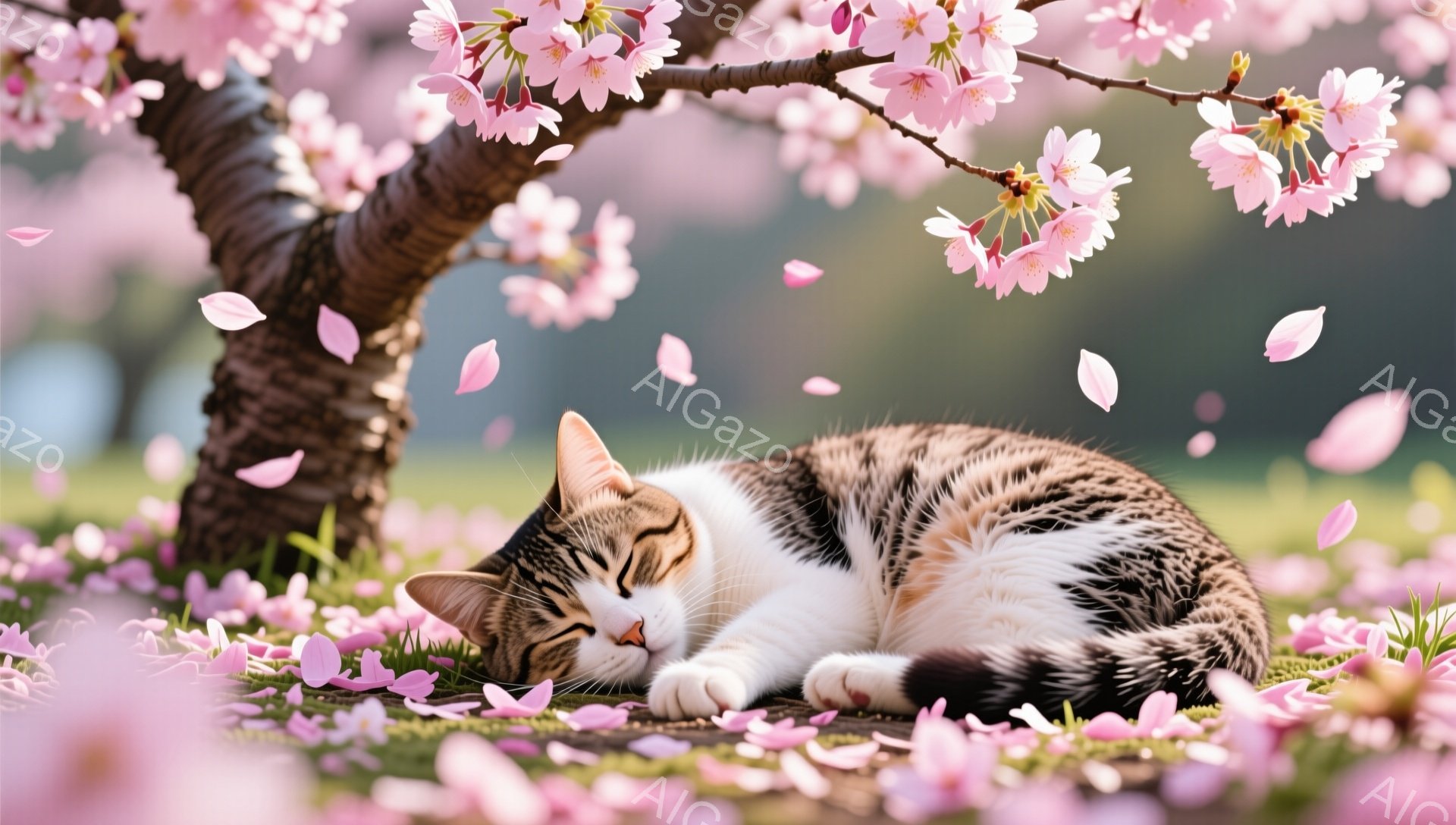 白と茶色の縞模様の猫が、桜の花びらが舞う草の上に丸まって眠っています。桜の木の幹が猫の背後に見え、春の穏やかな雰囲気を醸し出しています。花びらが猫の周りをふわふわと漂い、幻想的な光景を作り出しています - AI生成フリー素材