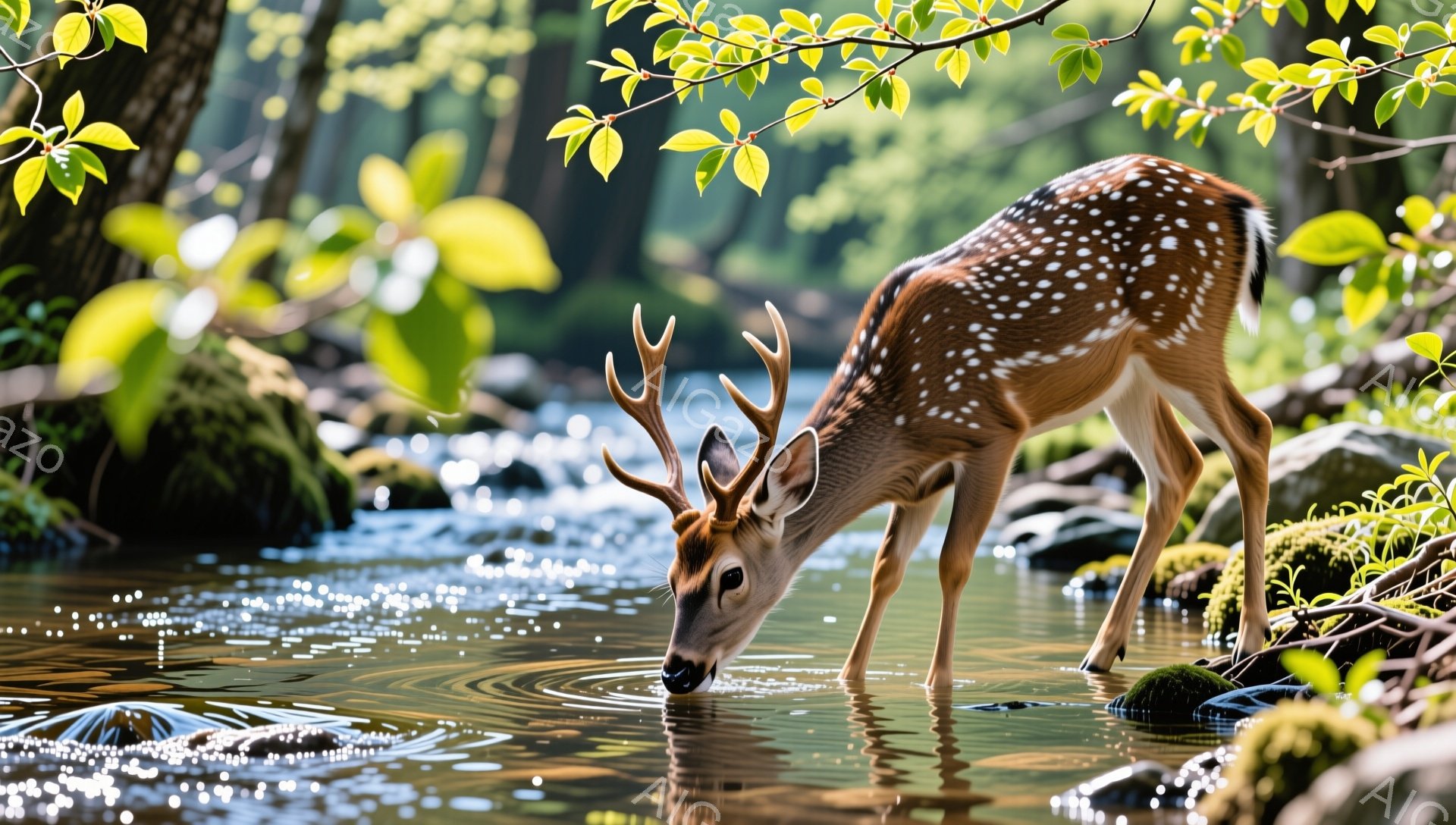 鹿が澄んだ川で水を飲んでいます。周囲は緑豊かな森林で、光が差し込み、穏やかな雰囲気です。川の流れと鹿の姿が調和し、自然の美しさを表現しています。 - AI生成フリー素材