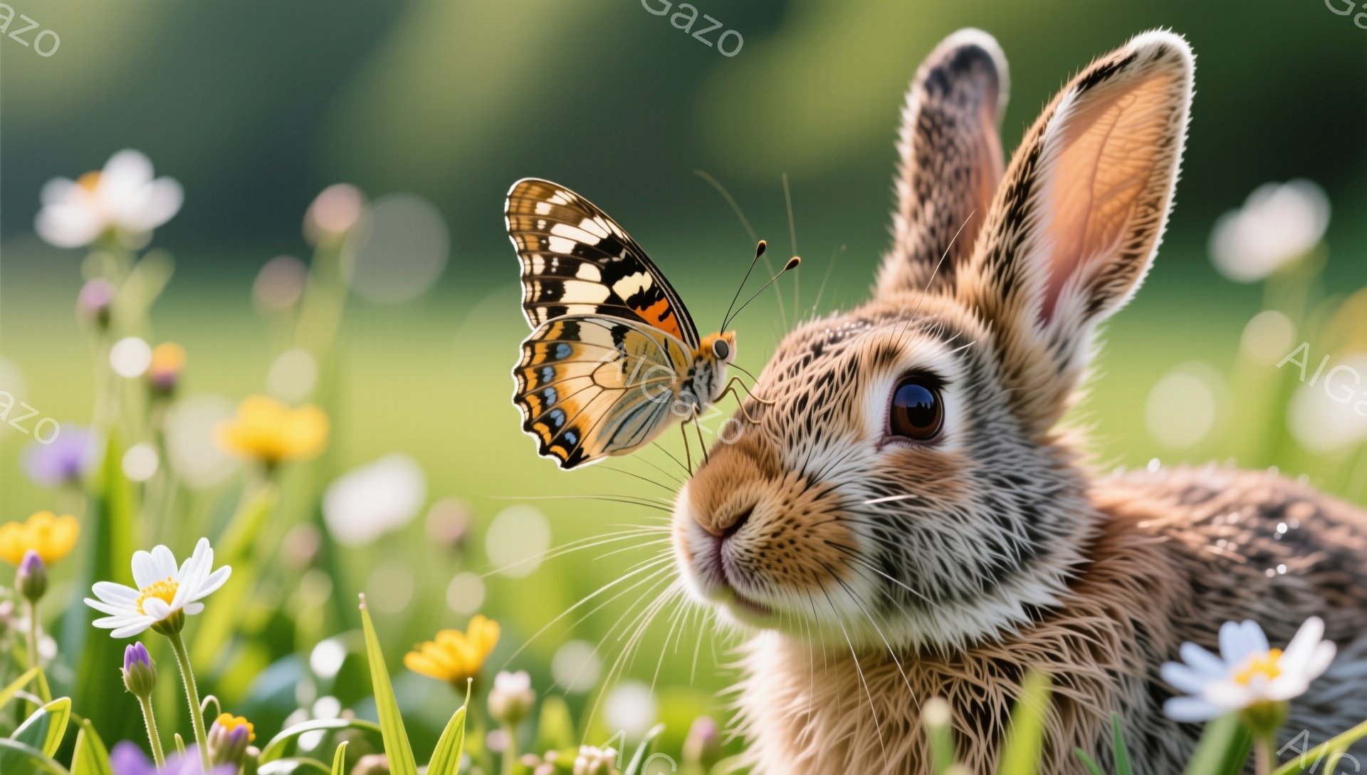 緑豊かな草地のなかで、蝶が鼻に乗った可愛らしい茶色のウサギが写っています。ウサギは大きな瞳でカメラを見つめ、まるで微笑んでいるかのような表情をしています。背景には様々な色の花が咲き乱れ、温かい春の日の - AI生成フリー素材
