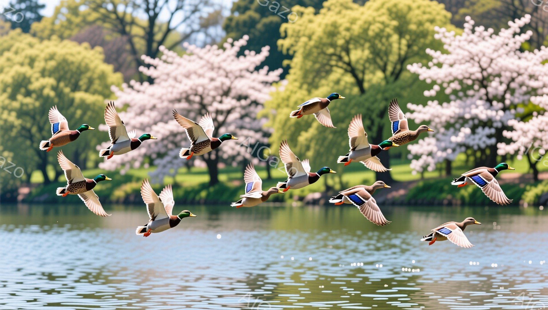 広大な池の水面を、オスのマガモたちが一列になって飛び立っている。桜の花びらが舞い散る背景と、水面に映る逆光の光が春の穏やかな雰囲気を醸し出している。鮮やかな緑とピンク、そして水面のきらめきが、この瞬間を美しく彩っている。