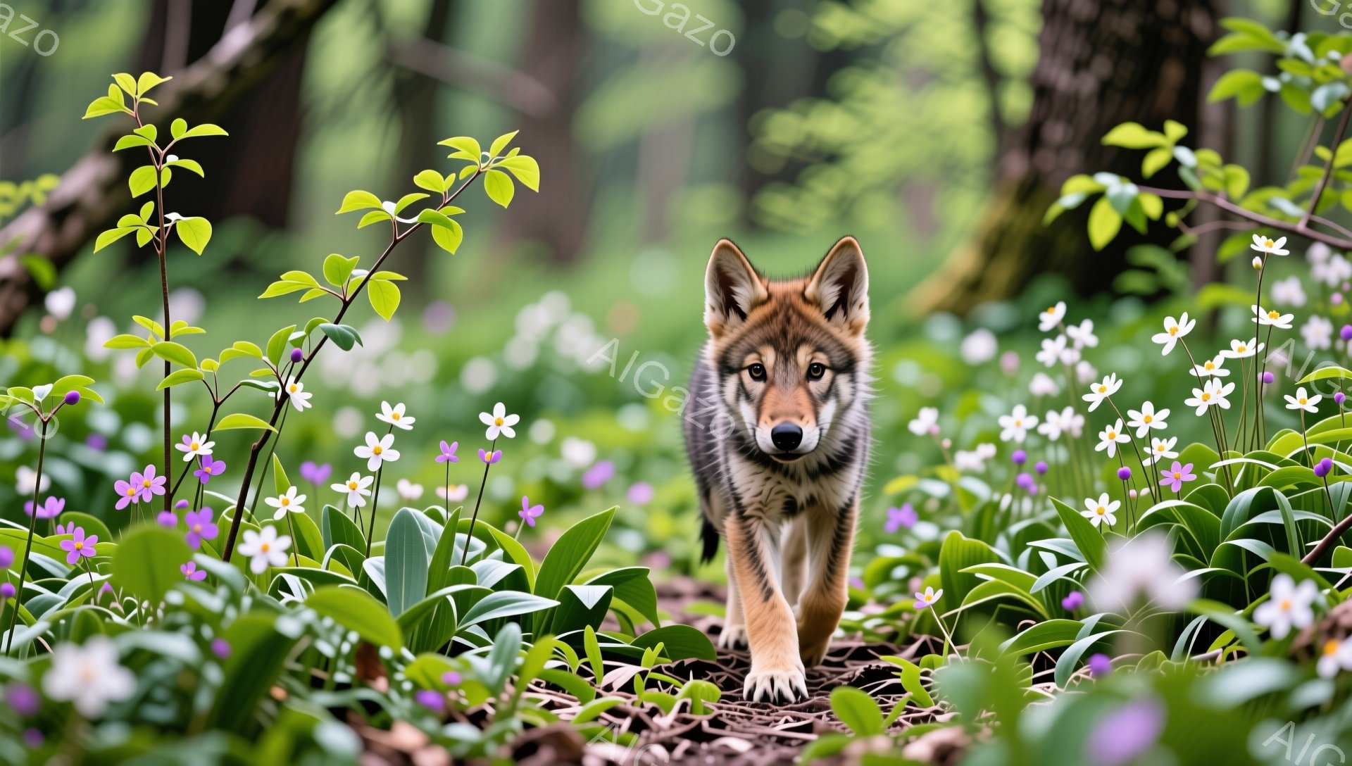 若いオオカミが、紫と白の小さな花々が咲き乱れる緑豊かな森の中をまっすぐに歩いている。その姿は勇敢で、視線はカメラに向いており、生き生きとした表情をしている。春の暖かく穏やかな雰囲気が伝わってくる。 - AI生成フリー素材