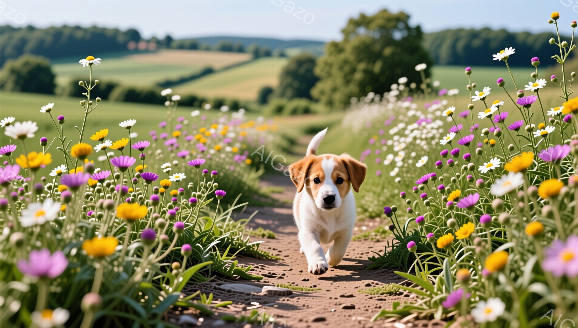 広大な緑の草原の中を、小さなジャックラッセルテリアが元気に駆け抜けている。周りには色とりどりの花が咲き乱れ、夏らしい陽気な雰囲気が漂っている。犬の視線はカメラに向けられており、楽しそうな表情が印象的だ。